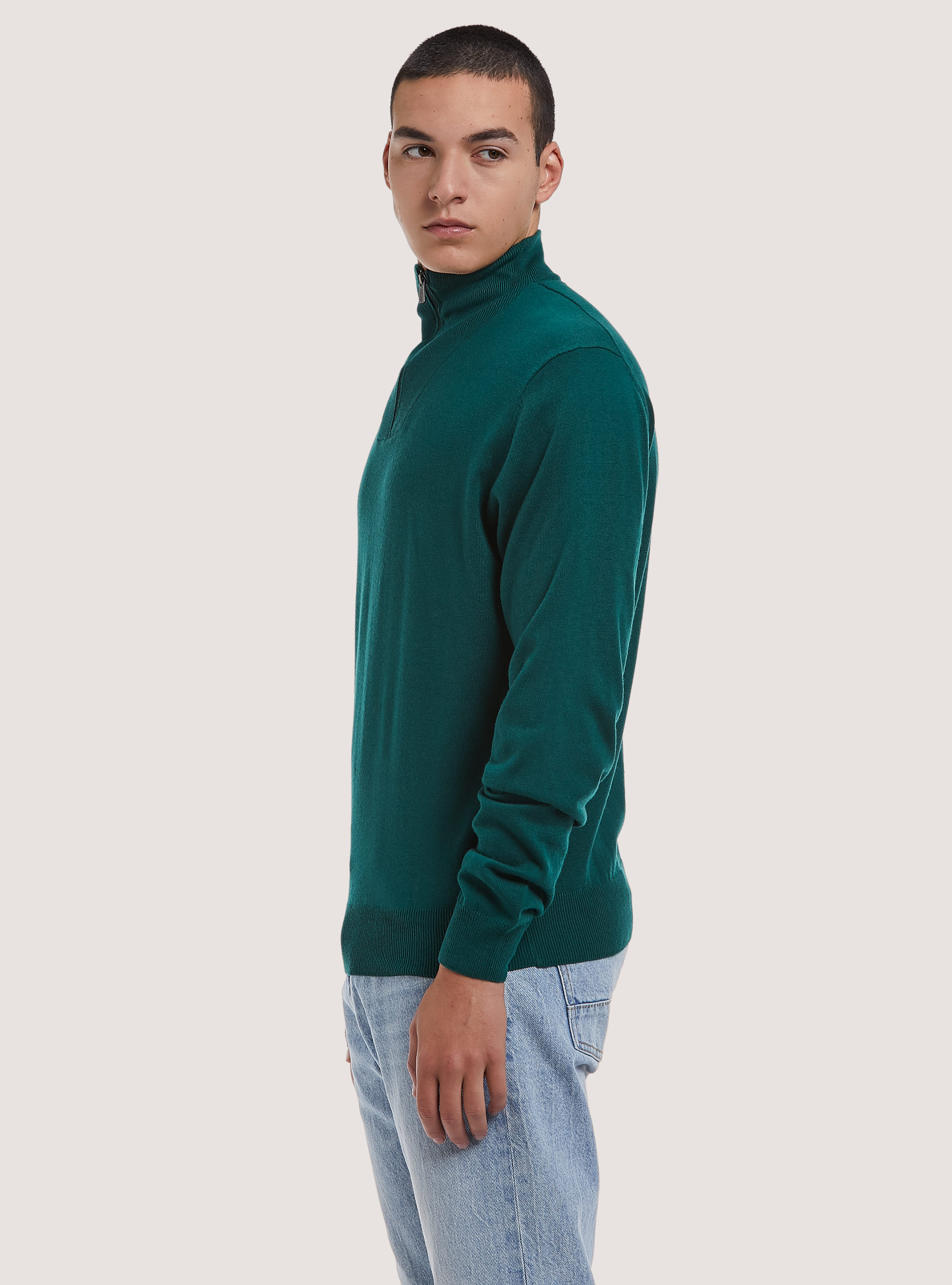 Merino wool zip half-neck pullover, GN2 GREEN MEDIUM