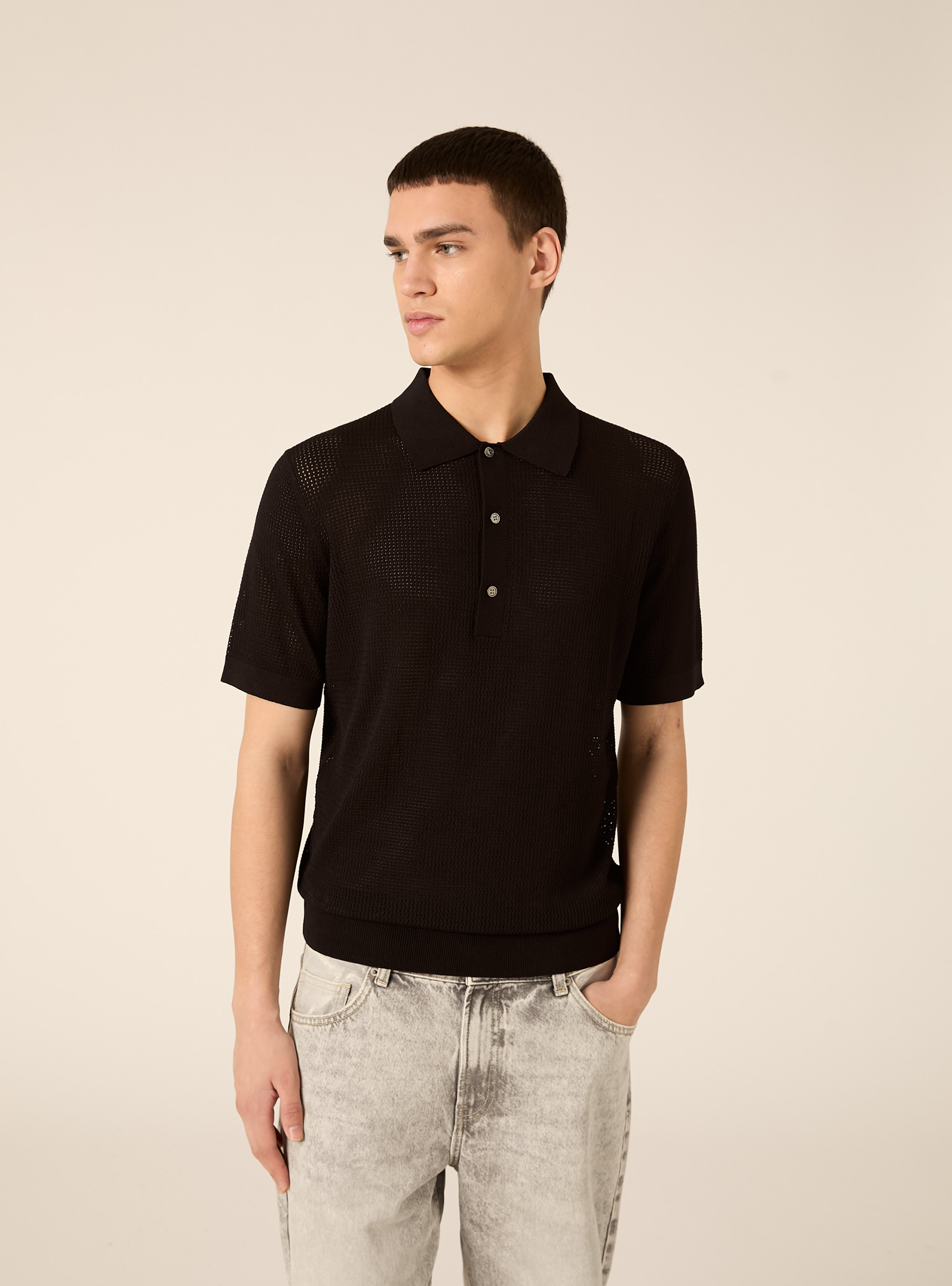 Maglia polo in crochet in misto viscosa, BK1 BLACK