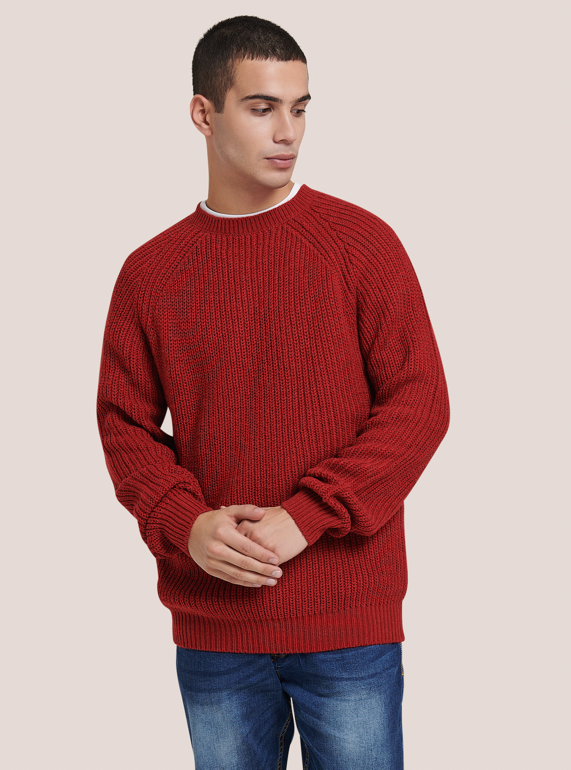 Crew-neck pullover with English ribbing, RED