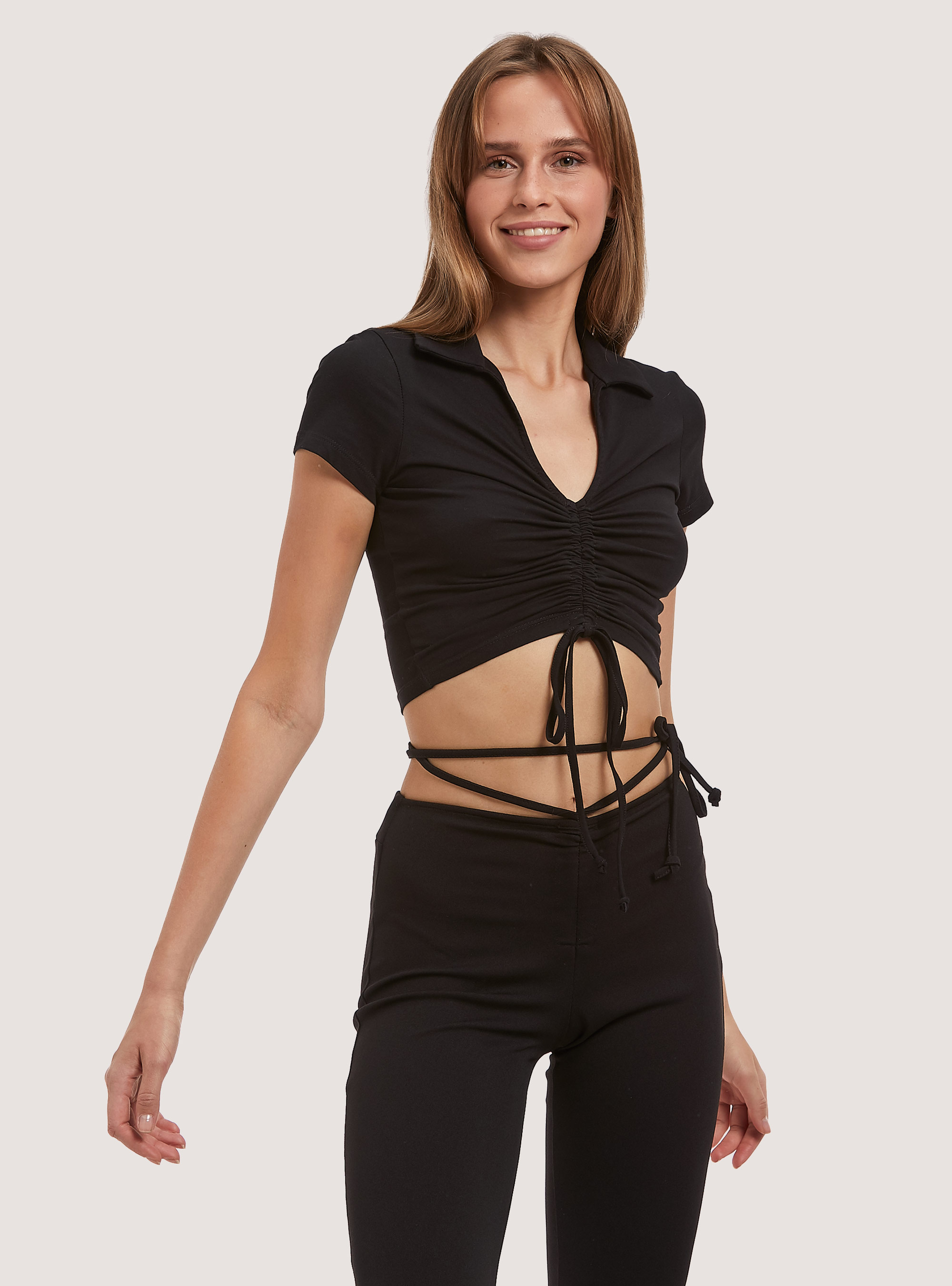 Gathered cropped t-shirt, BK1 BLACK