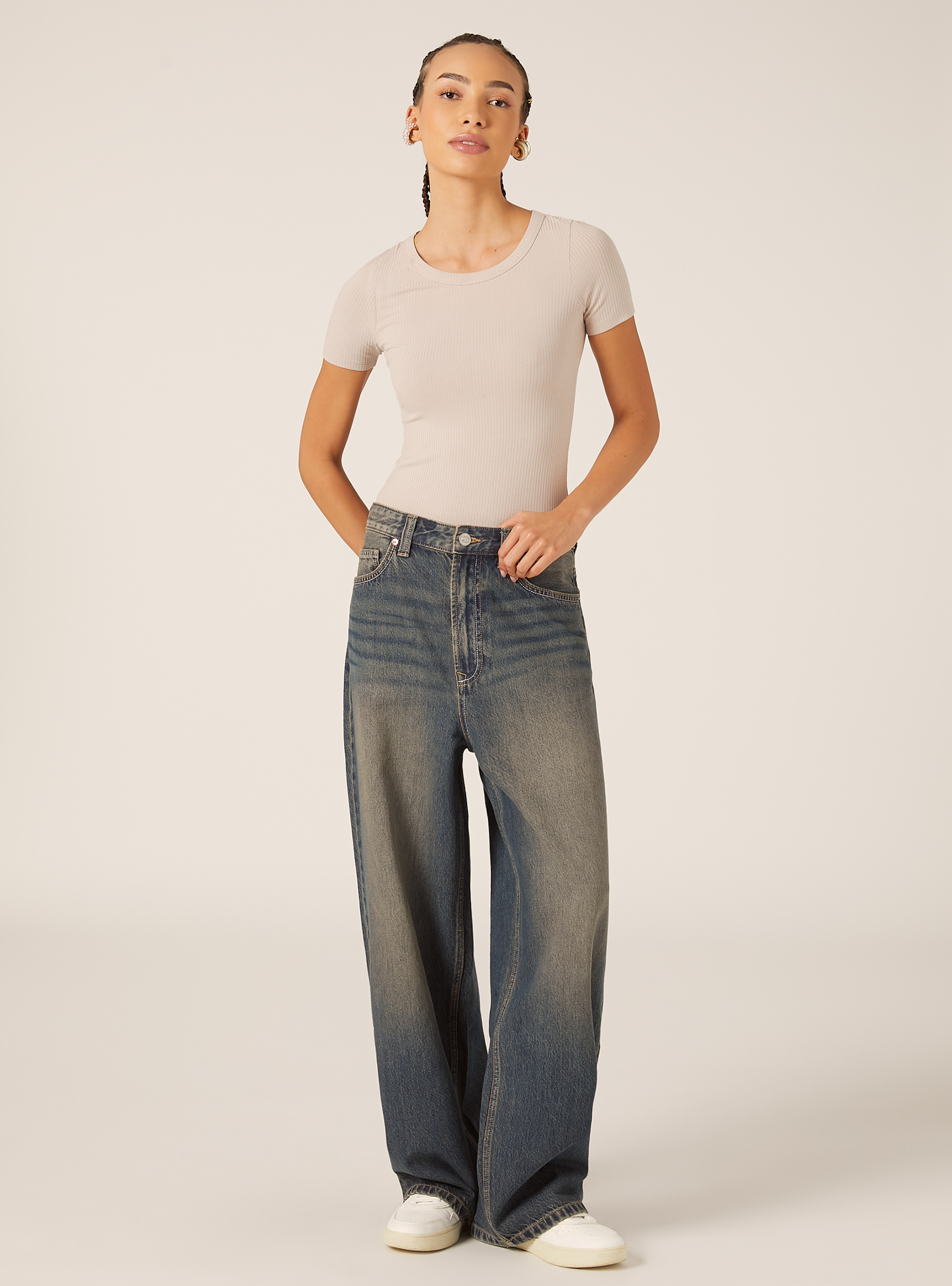 Body à manches courtes cotelées, BG2 BEIGE MEDIUM