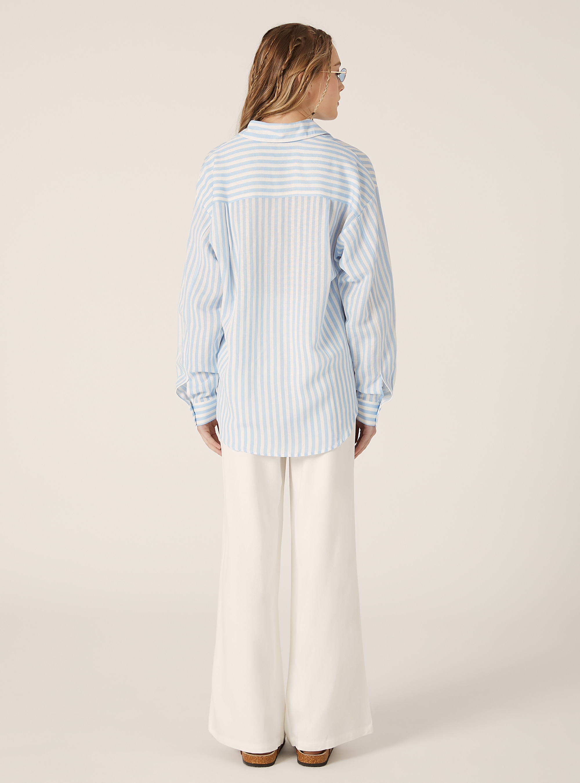 Camisa de rayas en mezcla de lino, AZ3 AZURE LIGHT