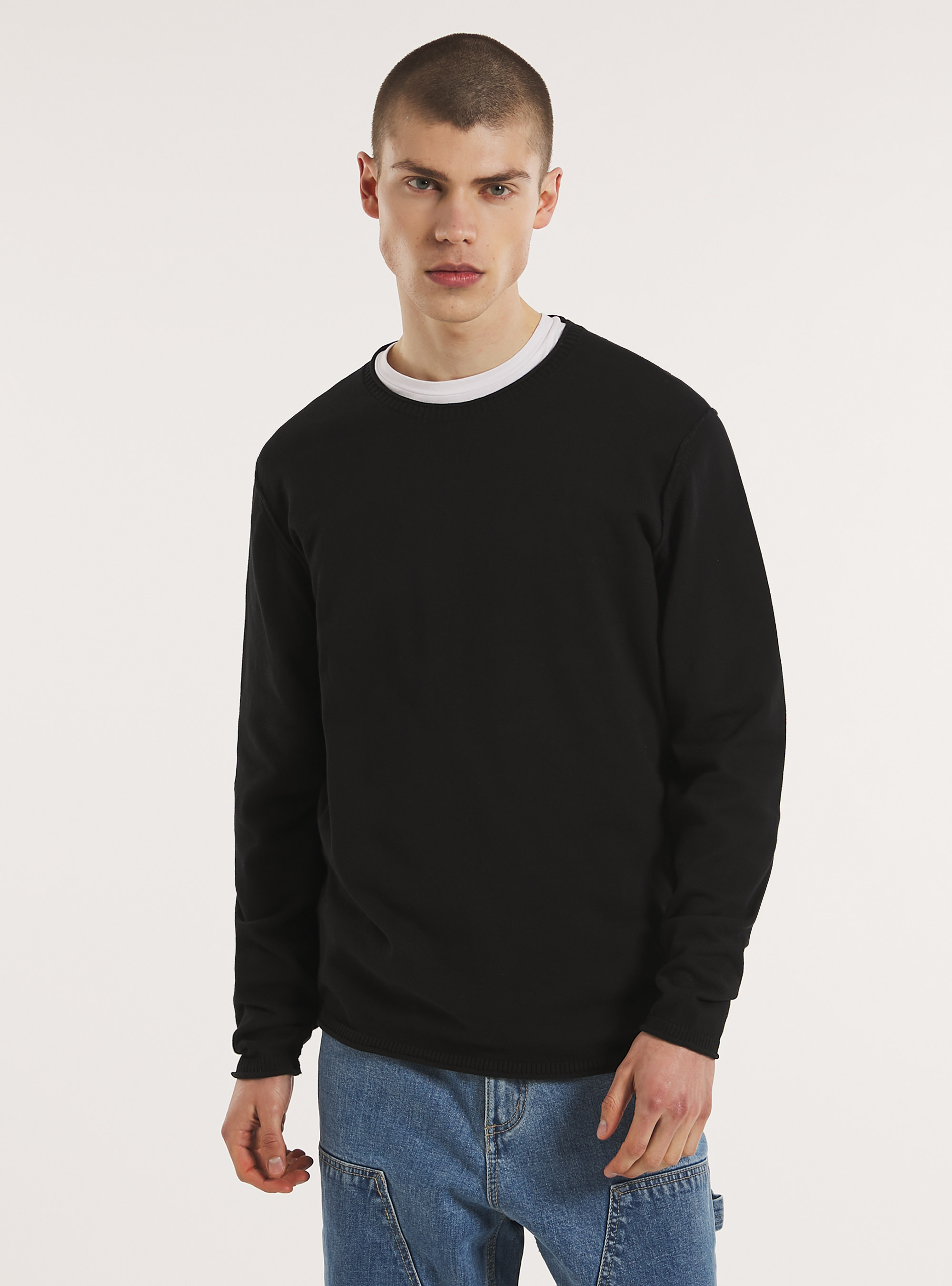 Round-neck cotton pullover, BK1 BLACK