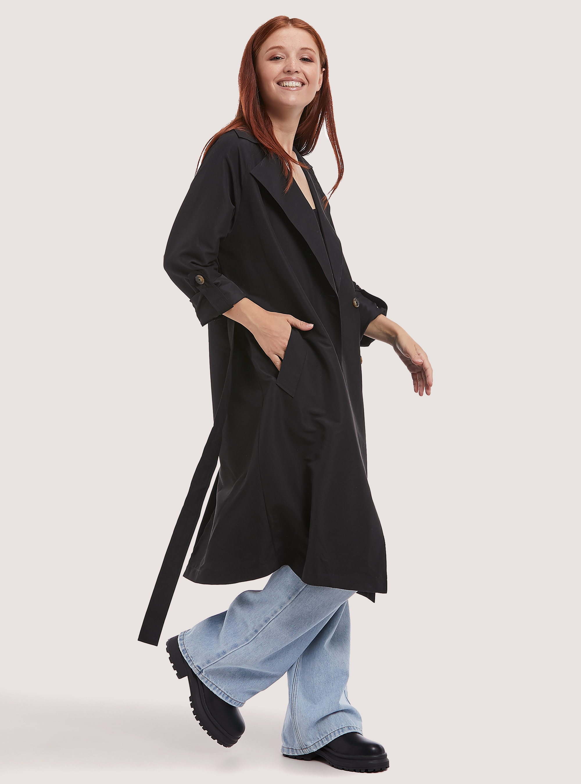 Gabardina larga con botones, BK1 BLACK