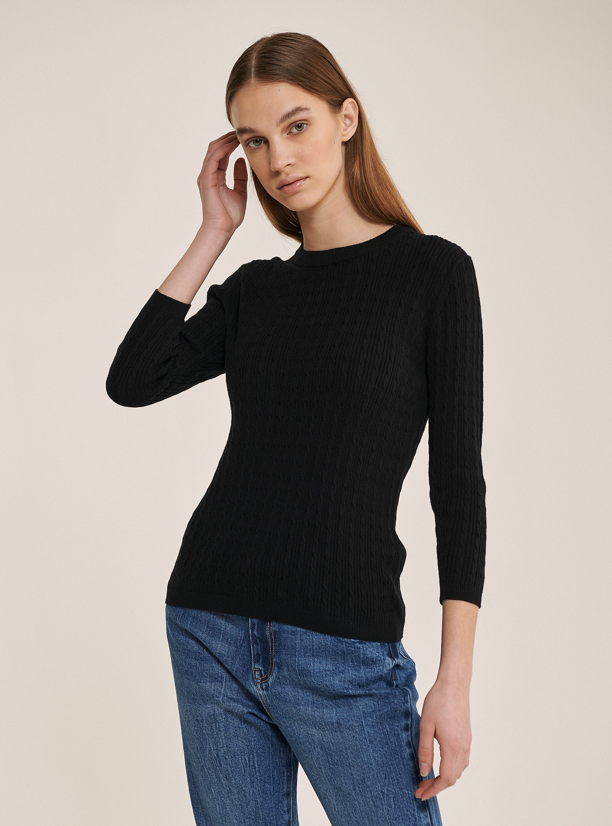 Pullover mit Rundhalsausschnitt und Zopfstrick, C101 BLACK