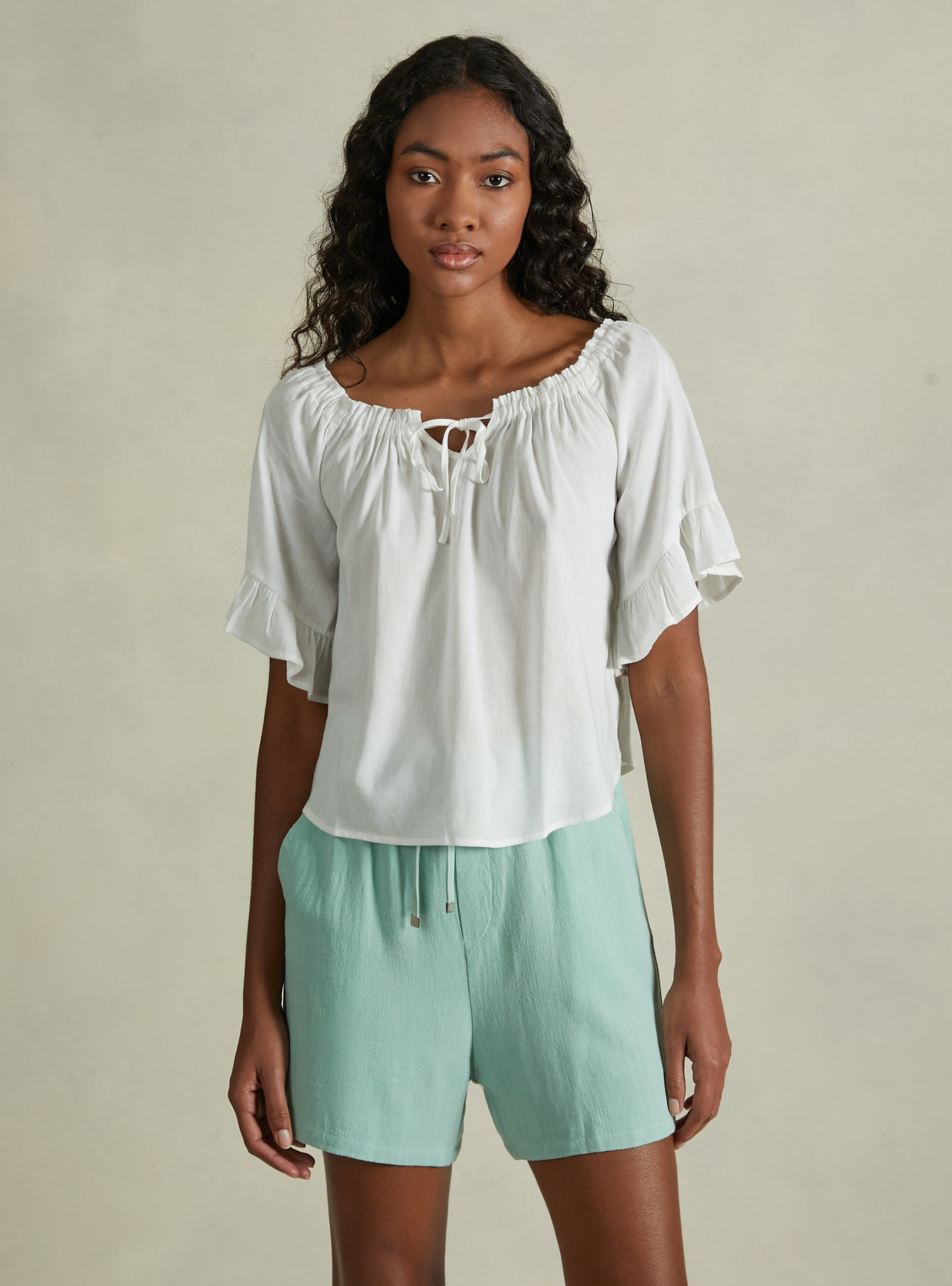 Linen blend blouse with bardot neckline, WH2 WHITE