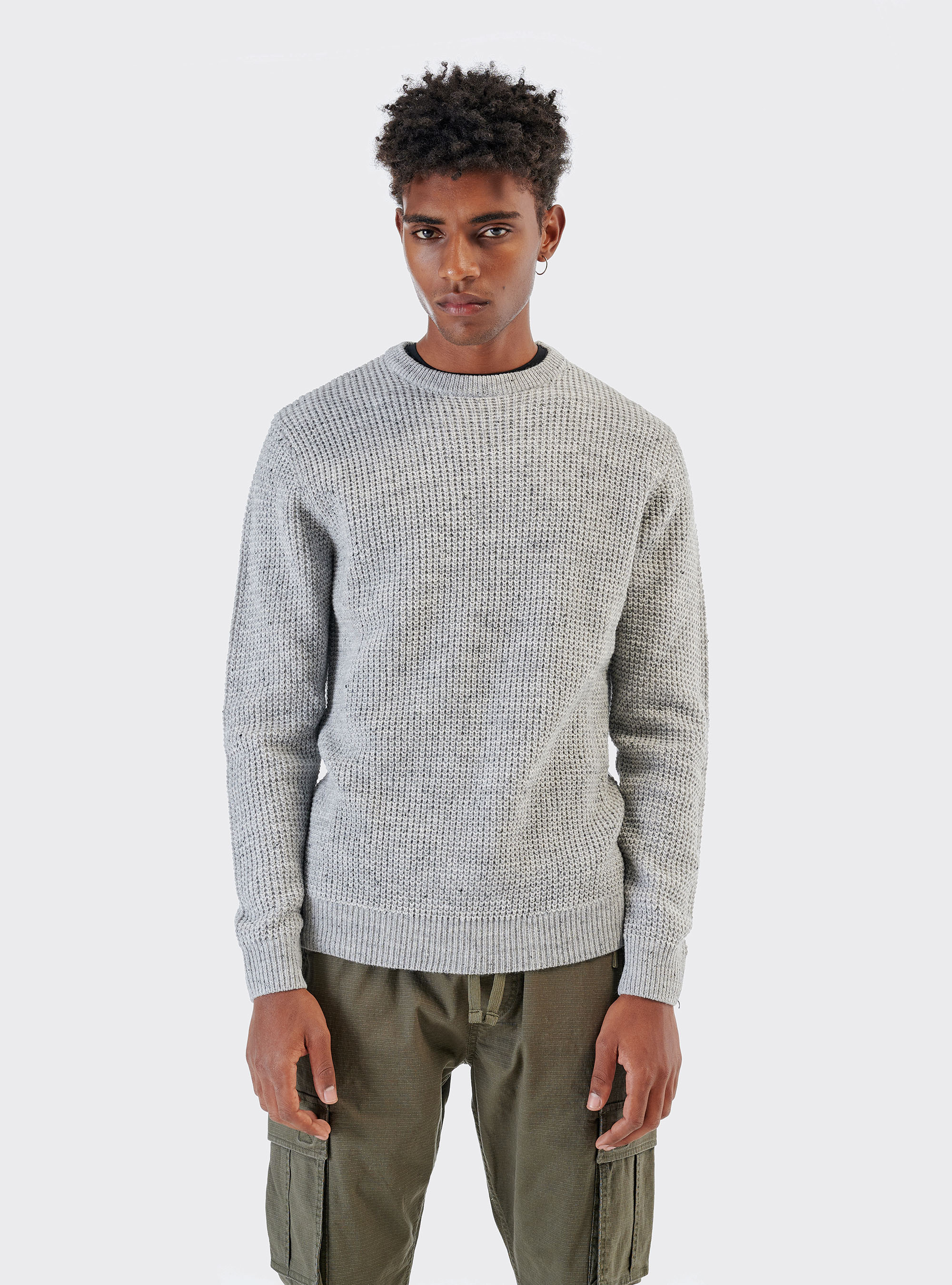 Pullover girocollo con naps in misto lana, GRIGIO MELANGE