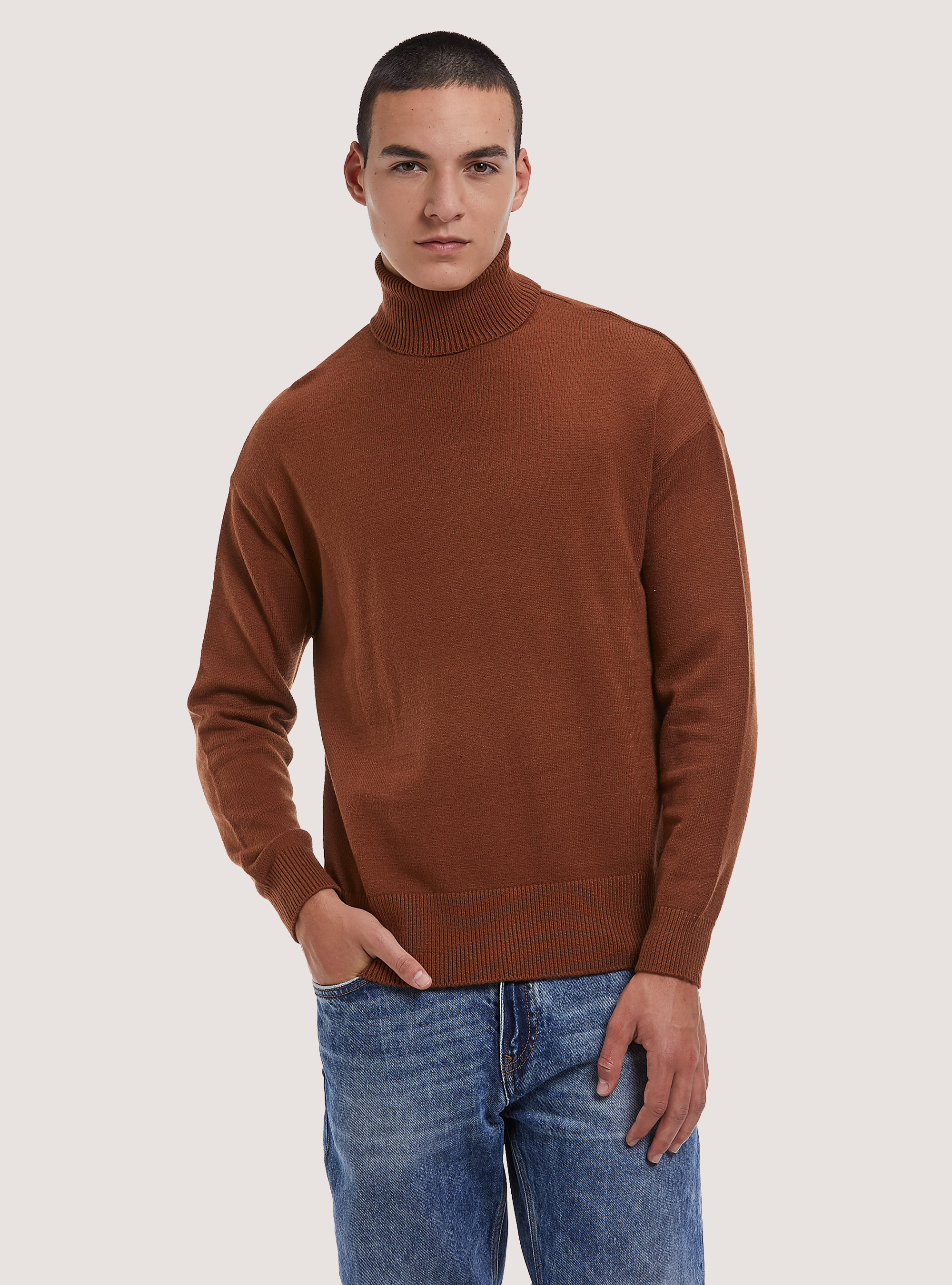 Pullover morbido collo alto boxy fit elasticizzato, TB1 TOBACCO DARK