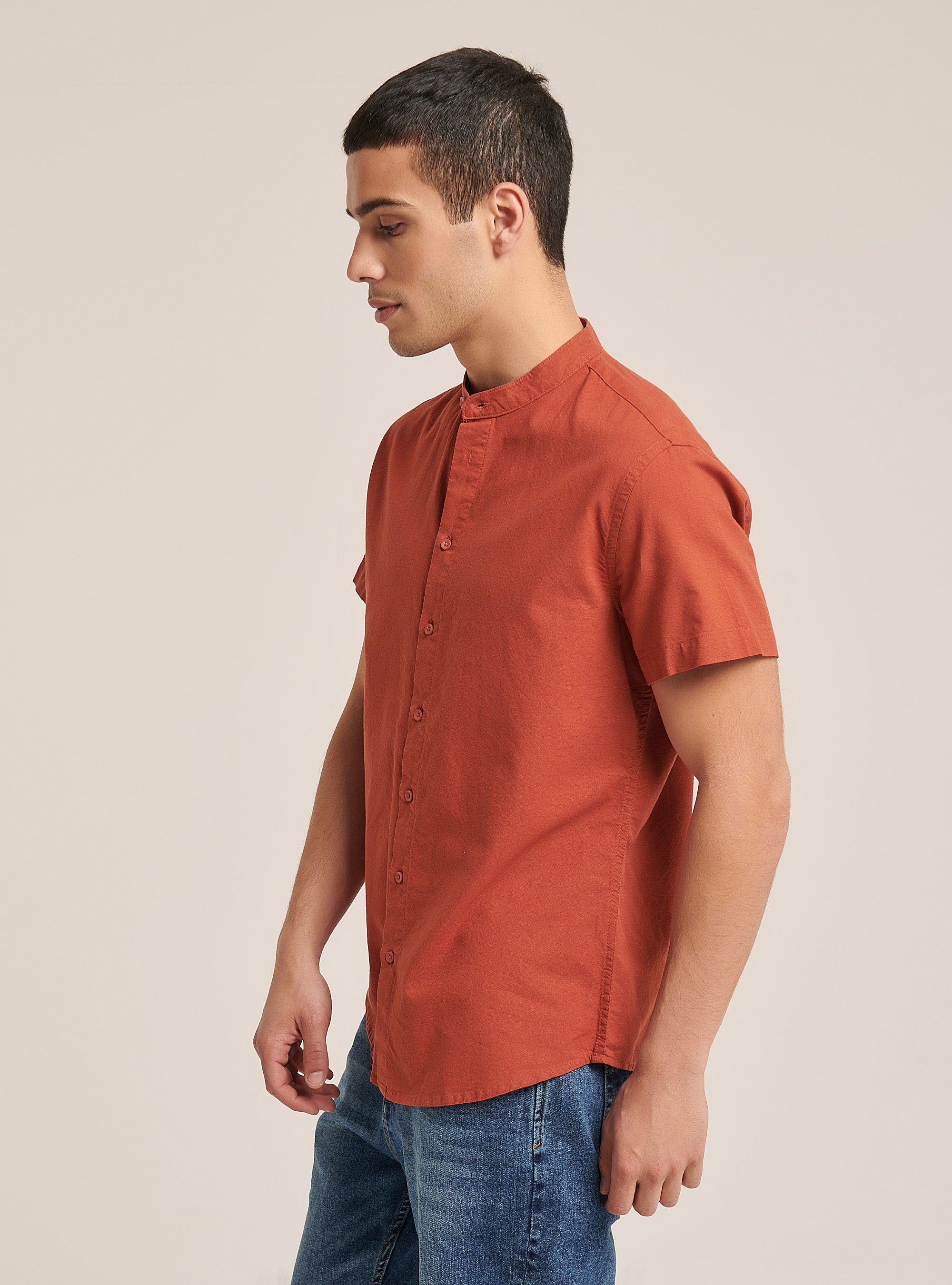 Camicia a maniche corte con collo coreano, C3422 RUSTY
