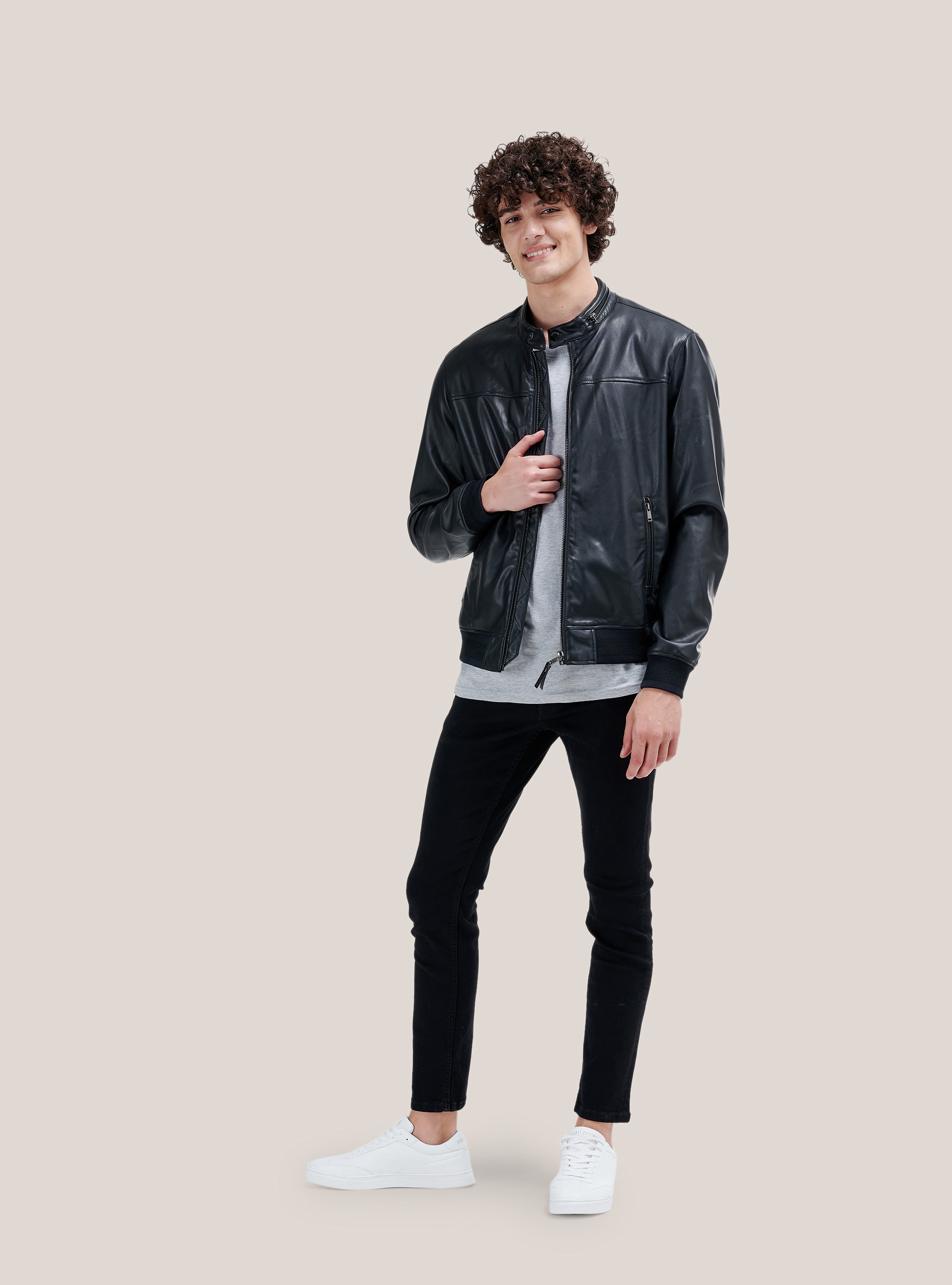 Slim fit leather effect jacket, BLACK