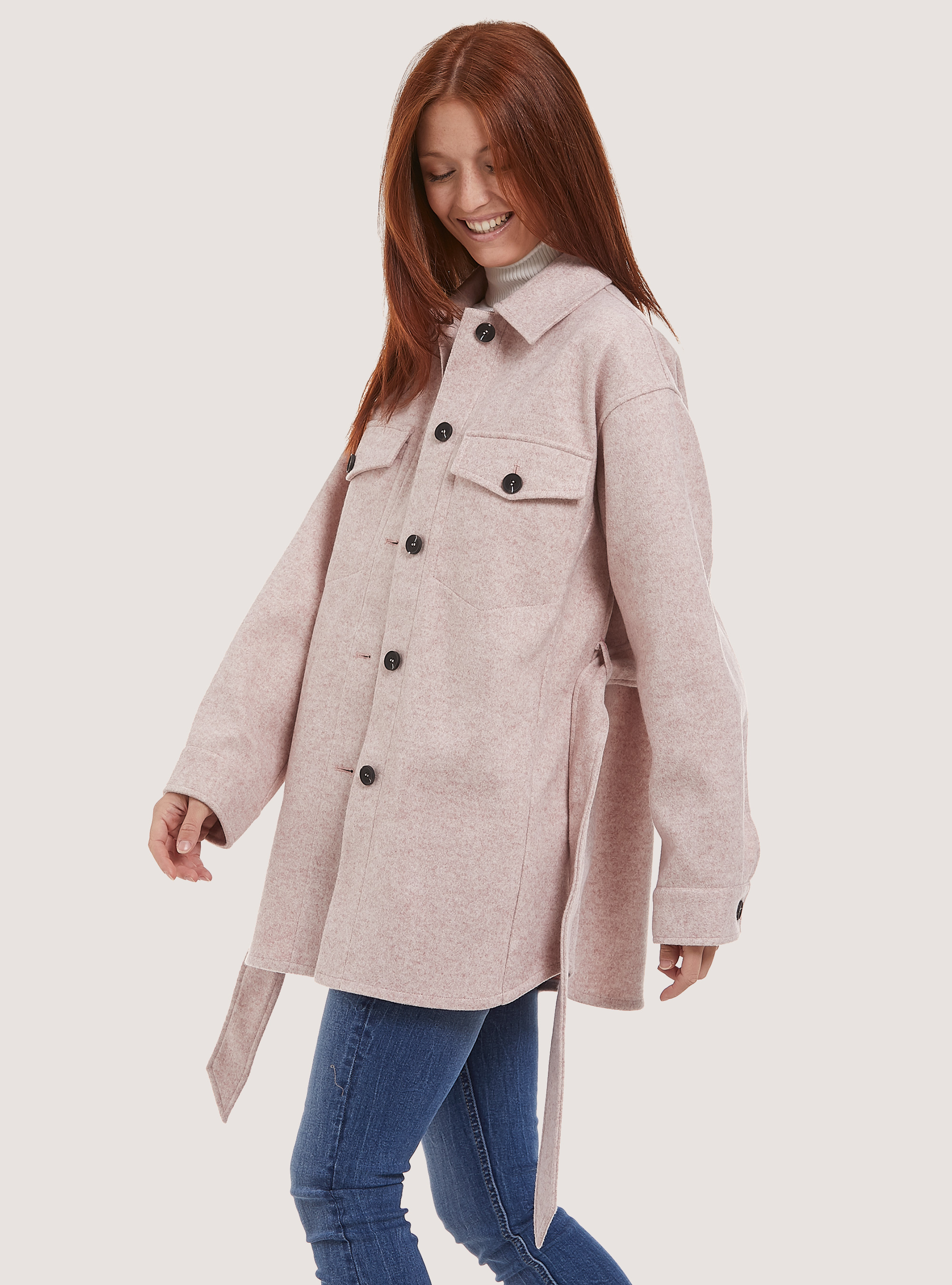 Oversize soft touch shirt jacket with belt, MKP3 PINK MEL LIGHT