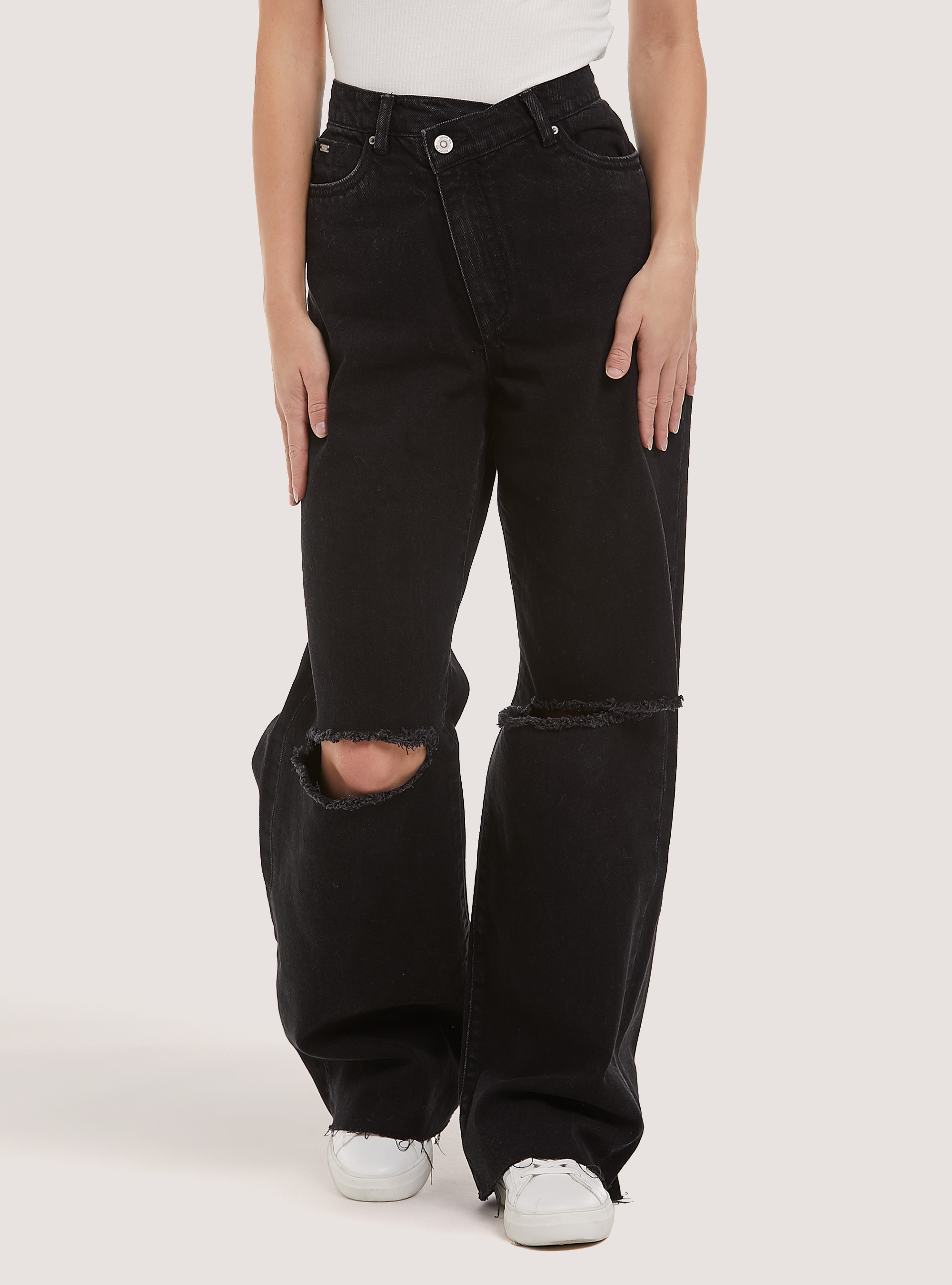 Jeans straight fit con vita asimmetrica, D000 BLACK