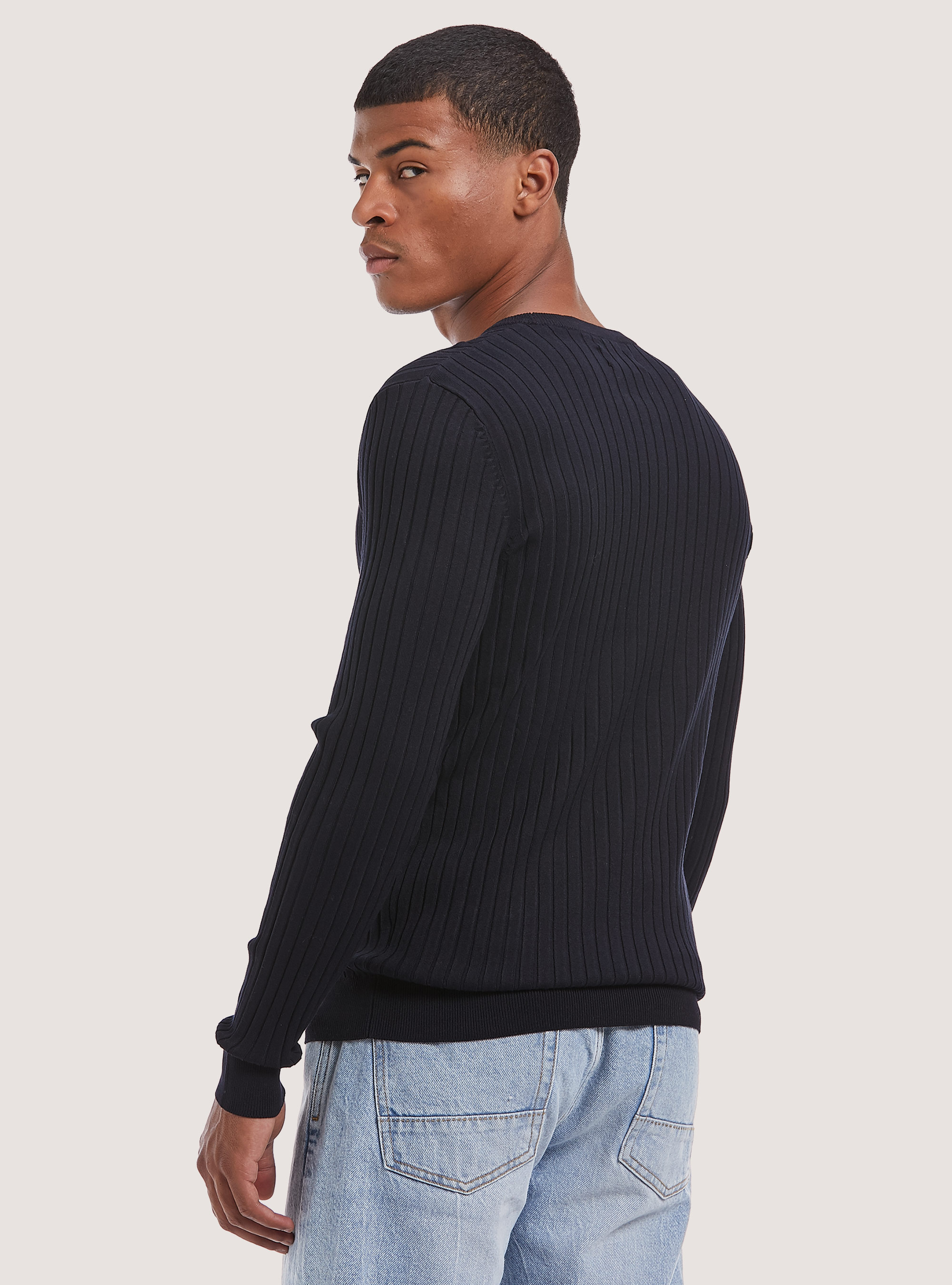 Jersey de cuello redondo de canalé en color sólido, NA1 NAVY DARK