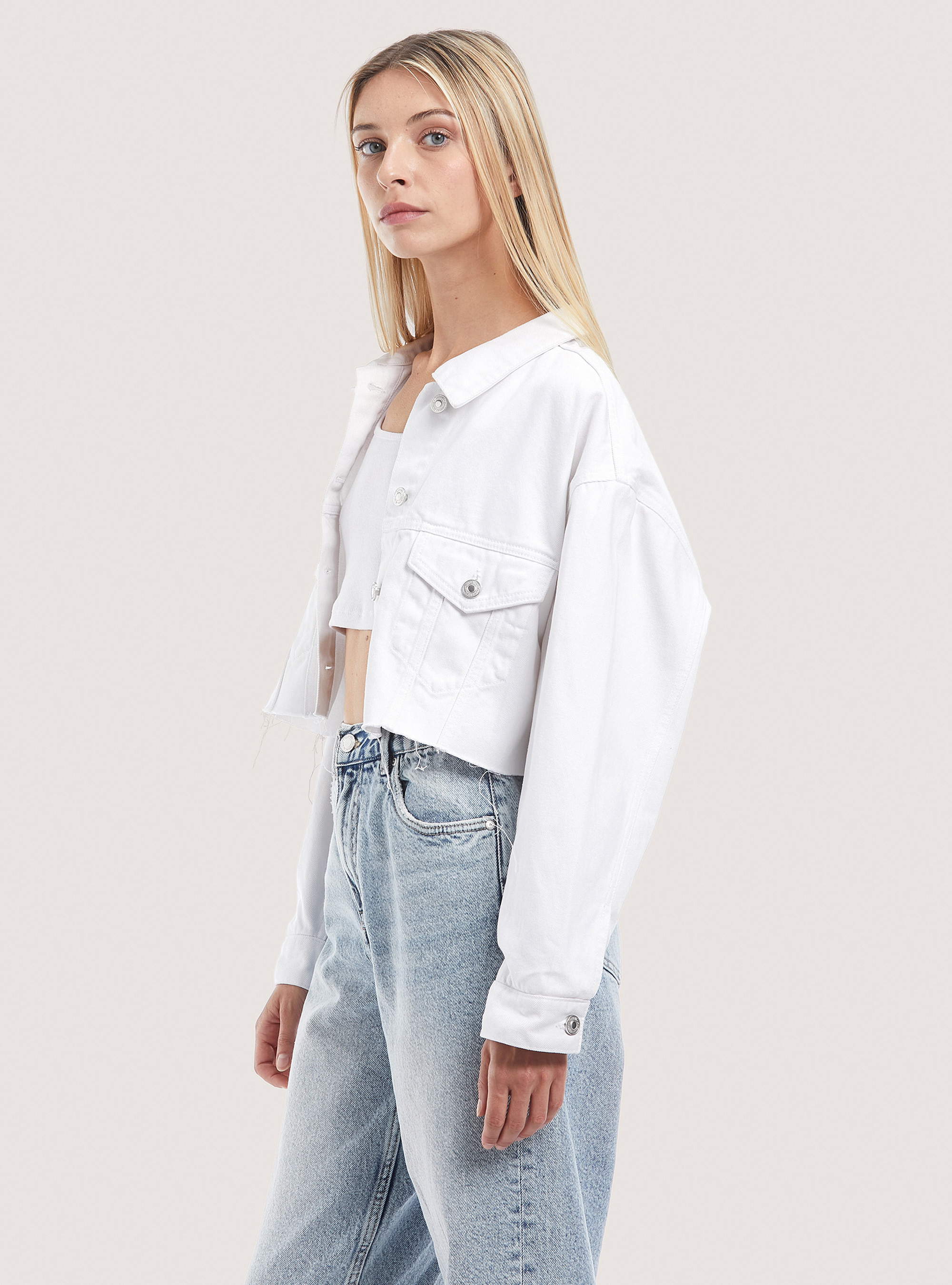 Raw cut denim cropped jacket, WHITE