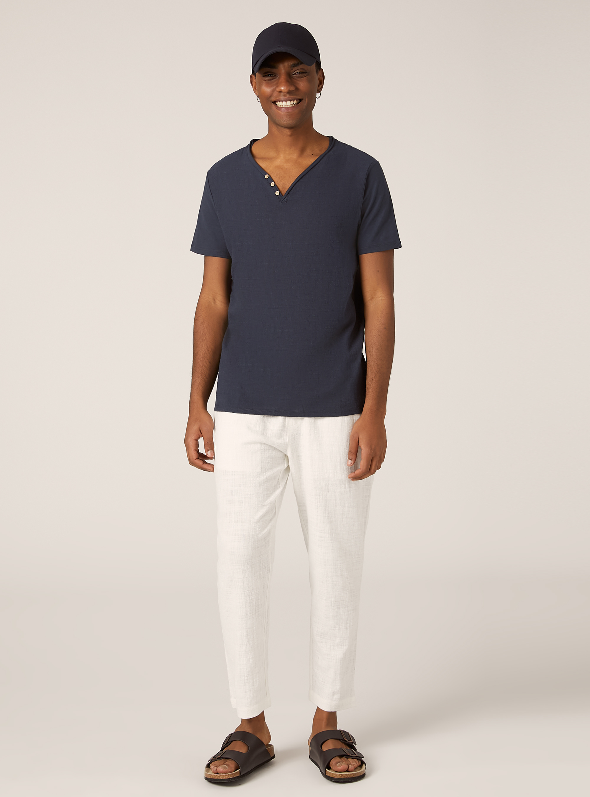 T-shirt &agrave; col en V en lin m&eacute;lang&eacute;, NA2 NAVY MEDIUM