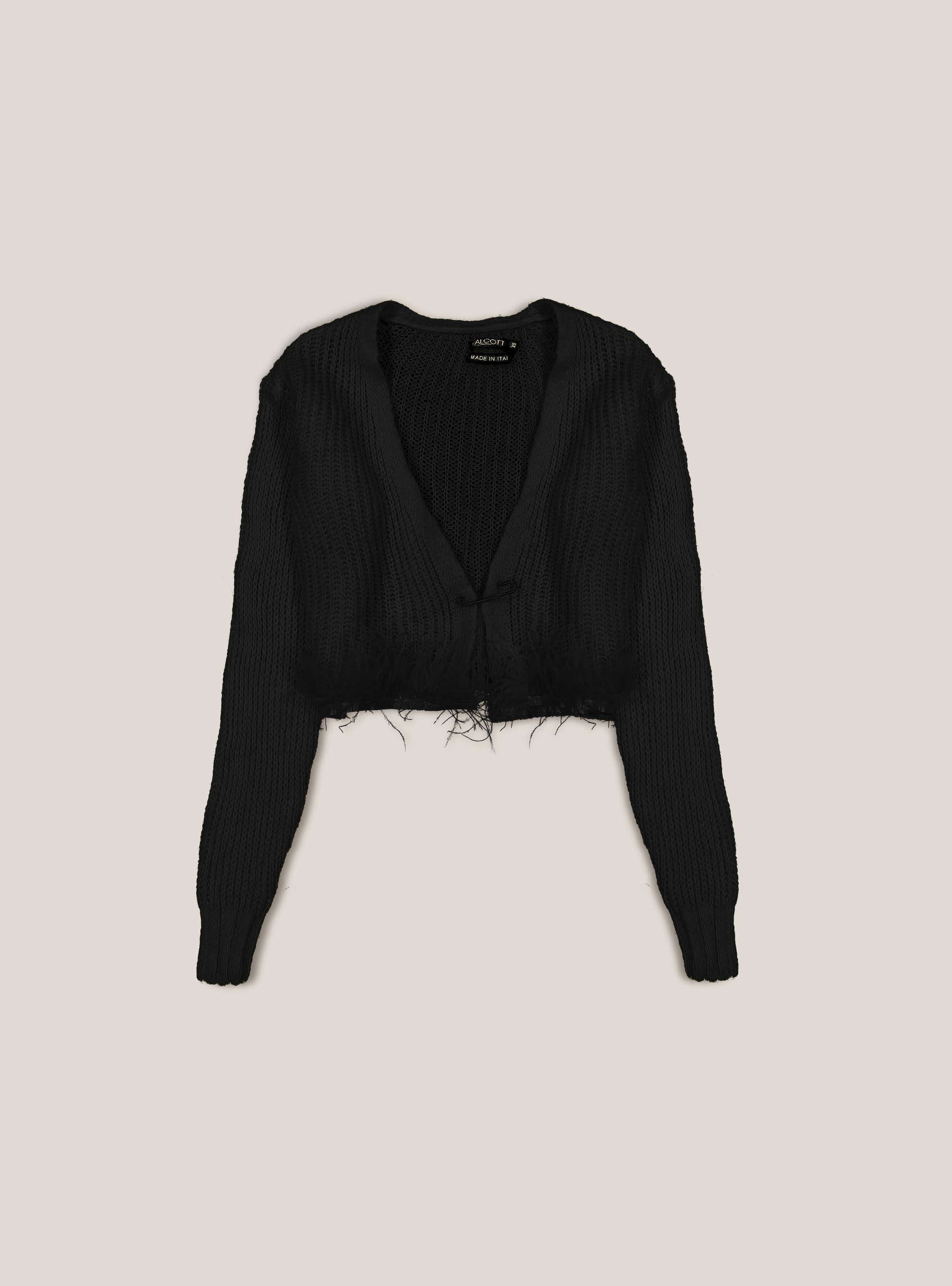 Pullover cardigan con spilla e piume, BK1 BLACK