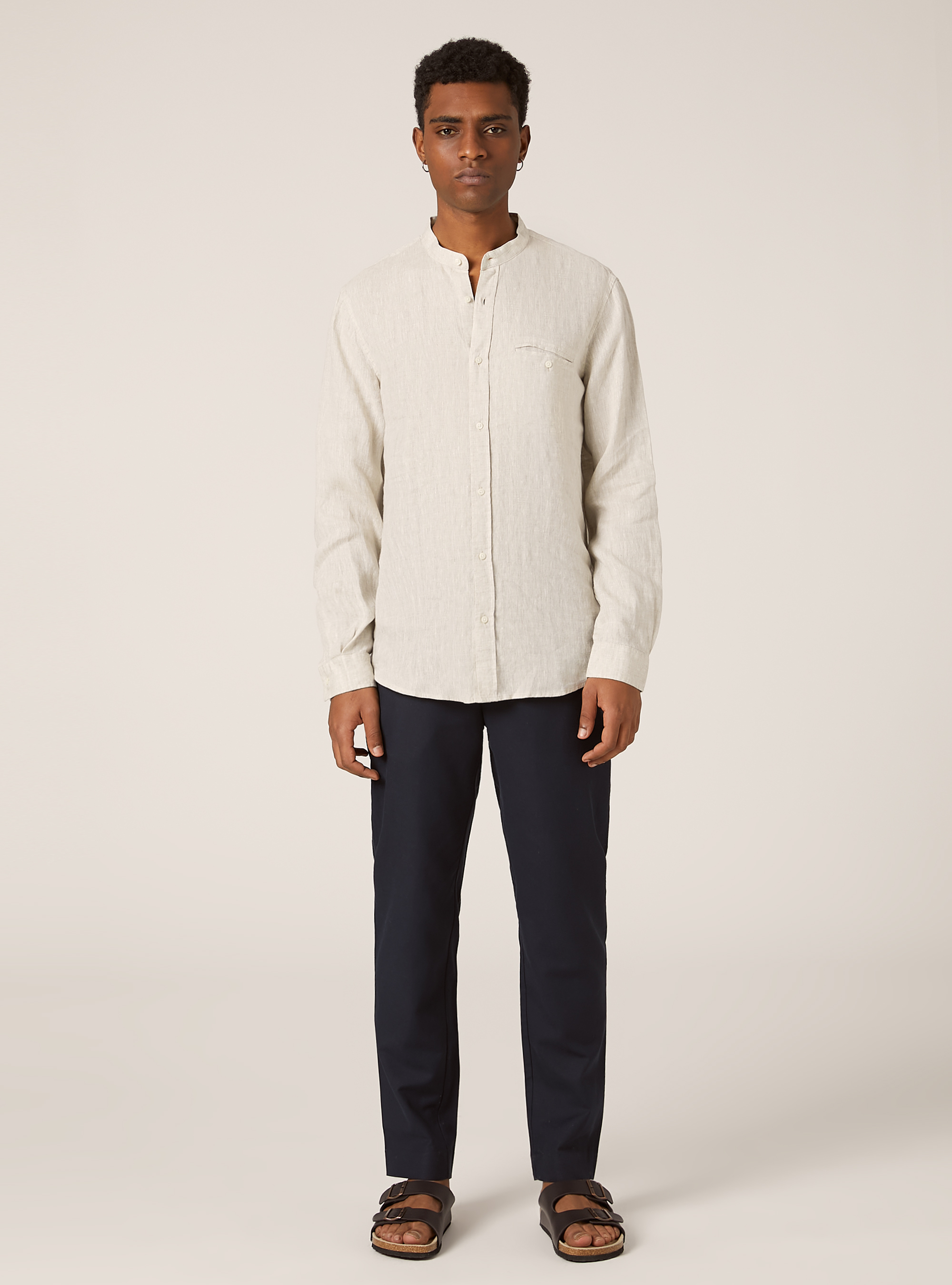 Camisa de lino puro con cuello coreano, BG3 BEIGE LIGHT