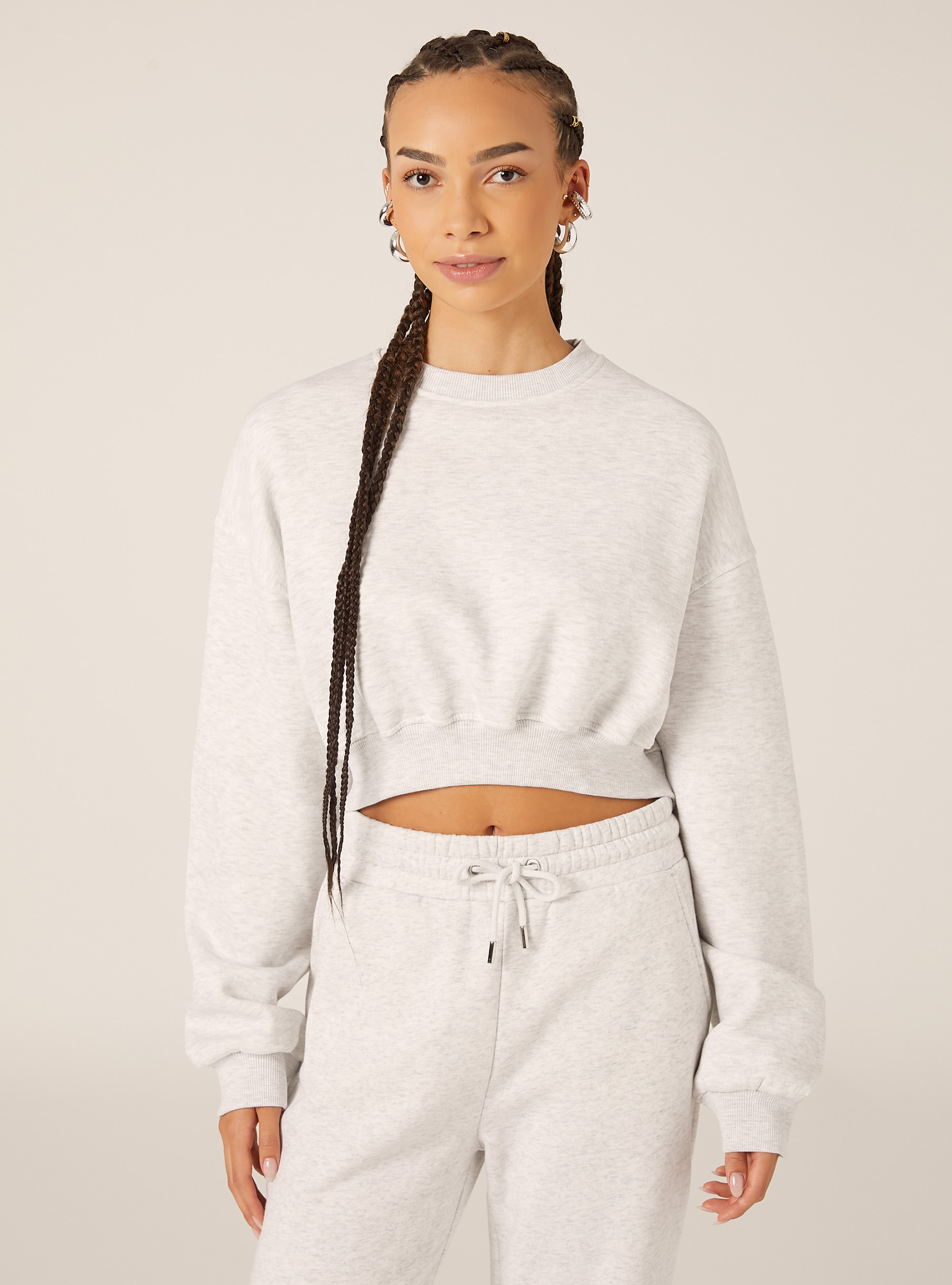 Felpa girocollo in cotone crop, MGY3 GREY MEL LIGHT