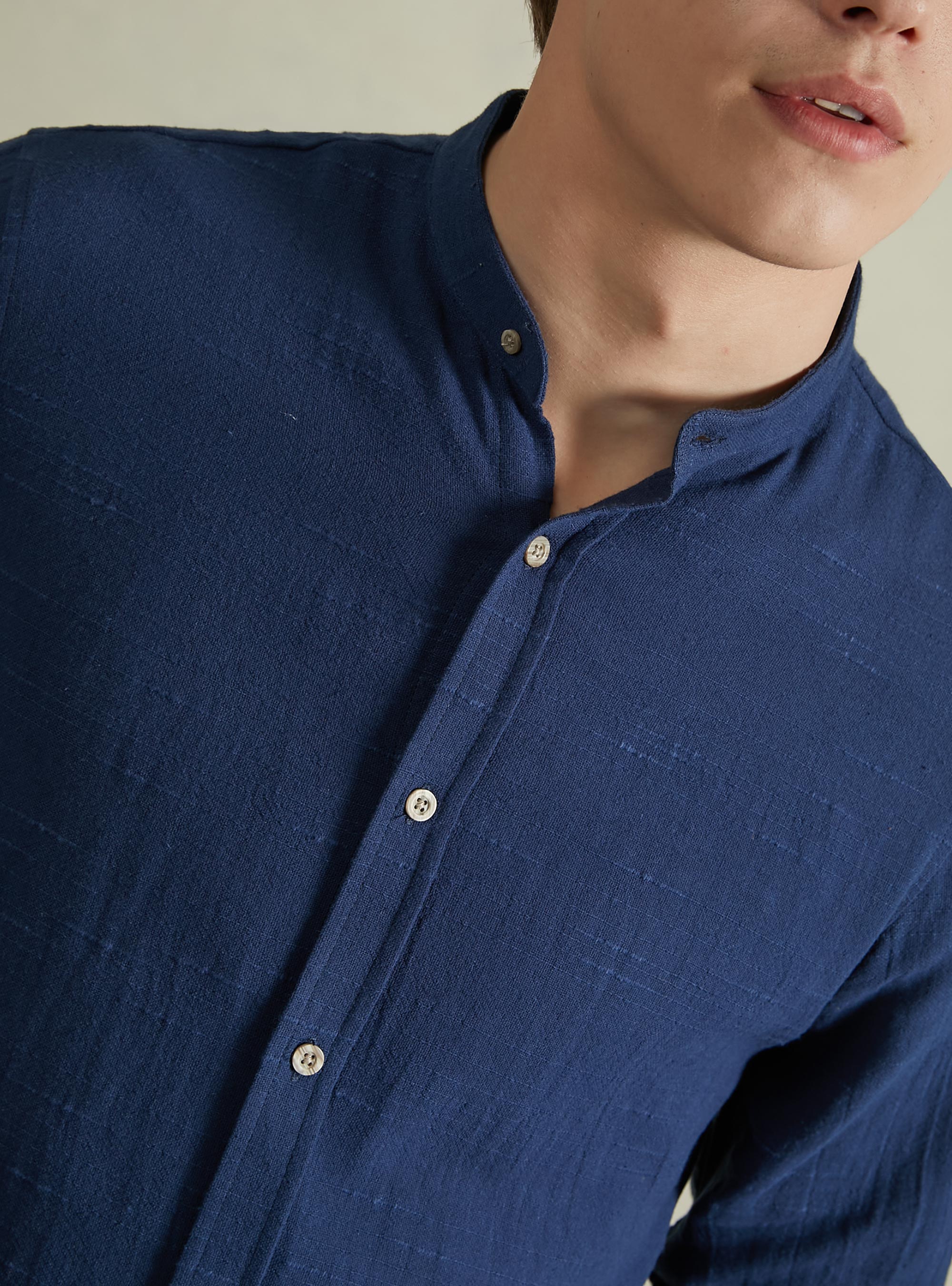 Linen blend shirt with Korean collar, NA1 NAVY DARK