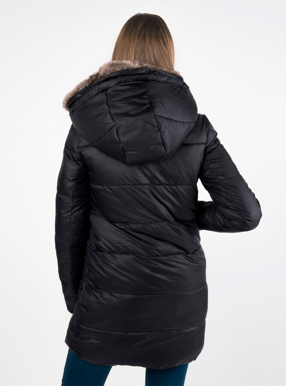 Piumino lungo hood in fake fur, BLACK