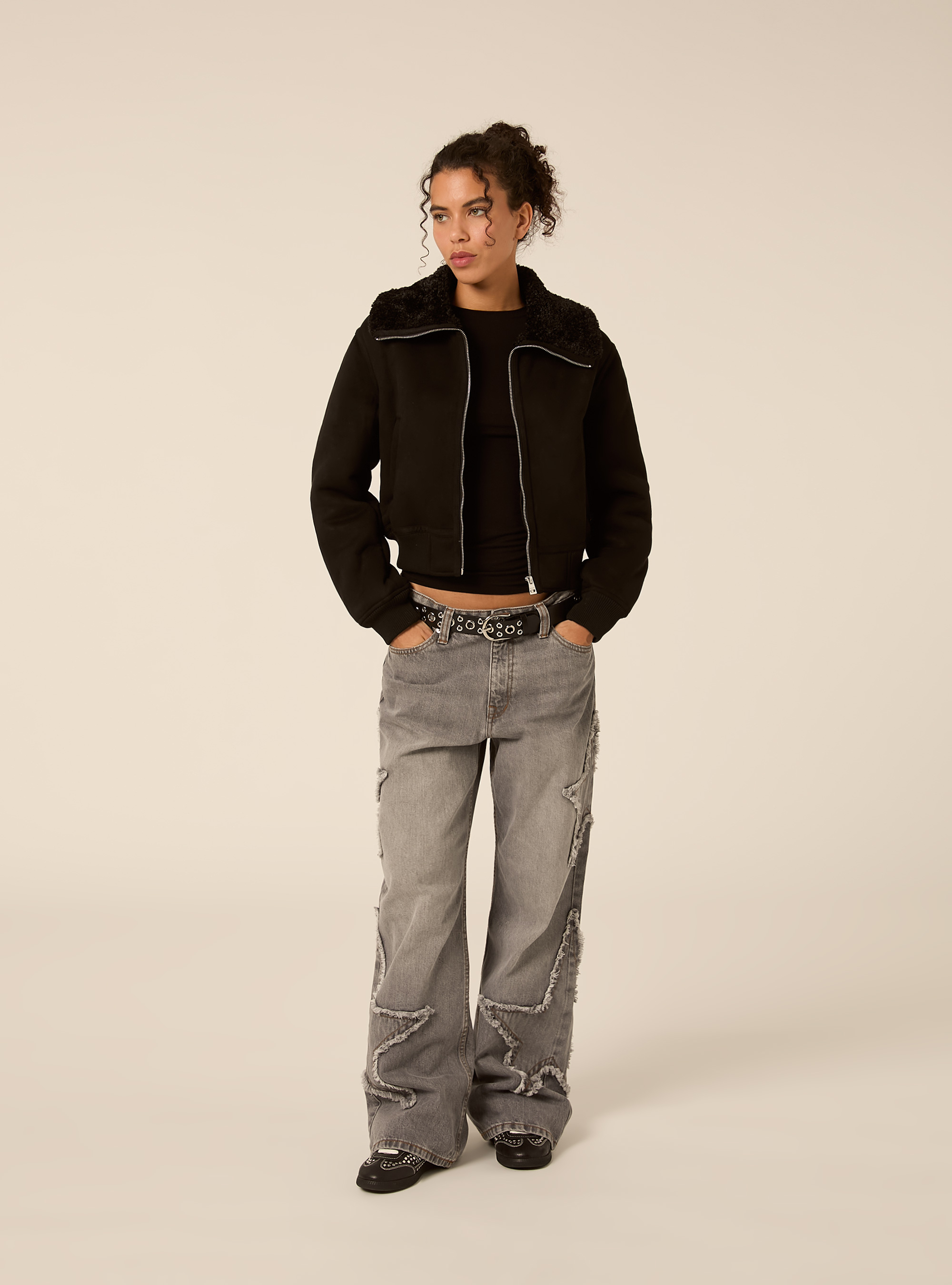 T shirt col rond a manches longues en melange de cashmere, BK1 BLACK