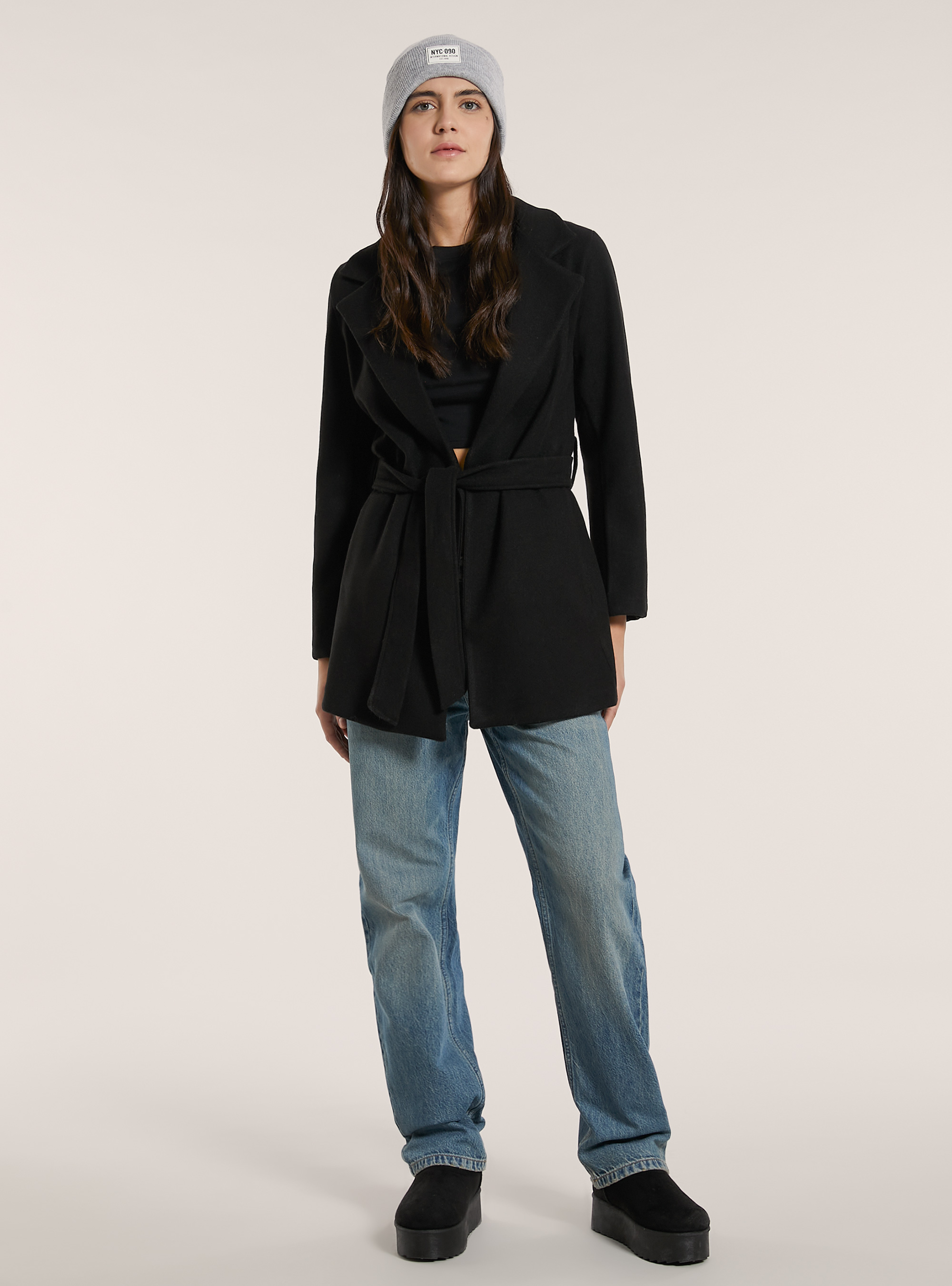 Cappotto in panno con cintura, BK1 BLACK
