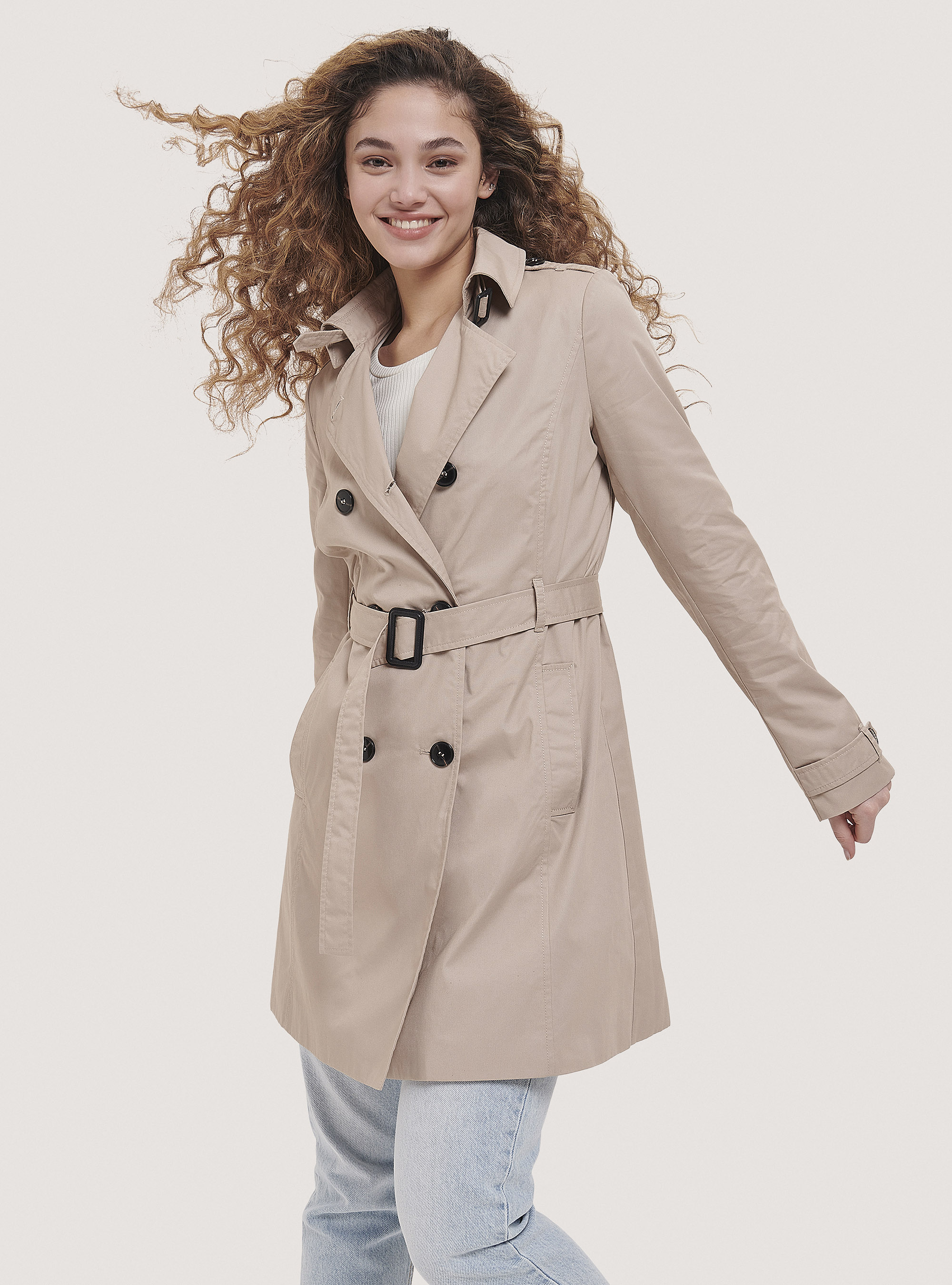 Trench morbido con cintura, BEIGE