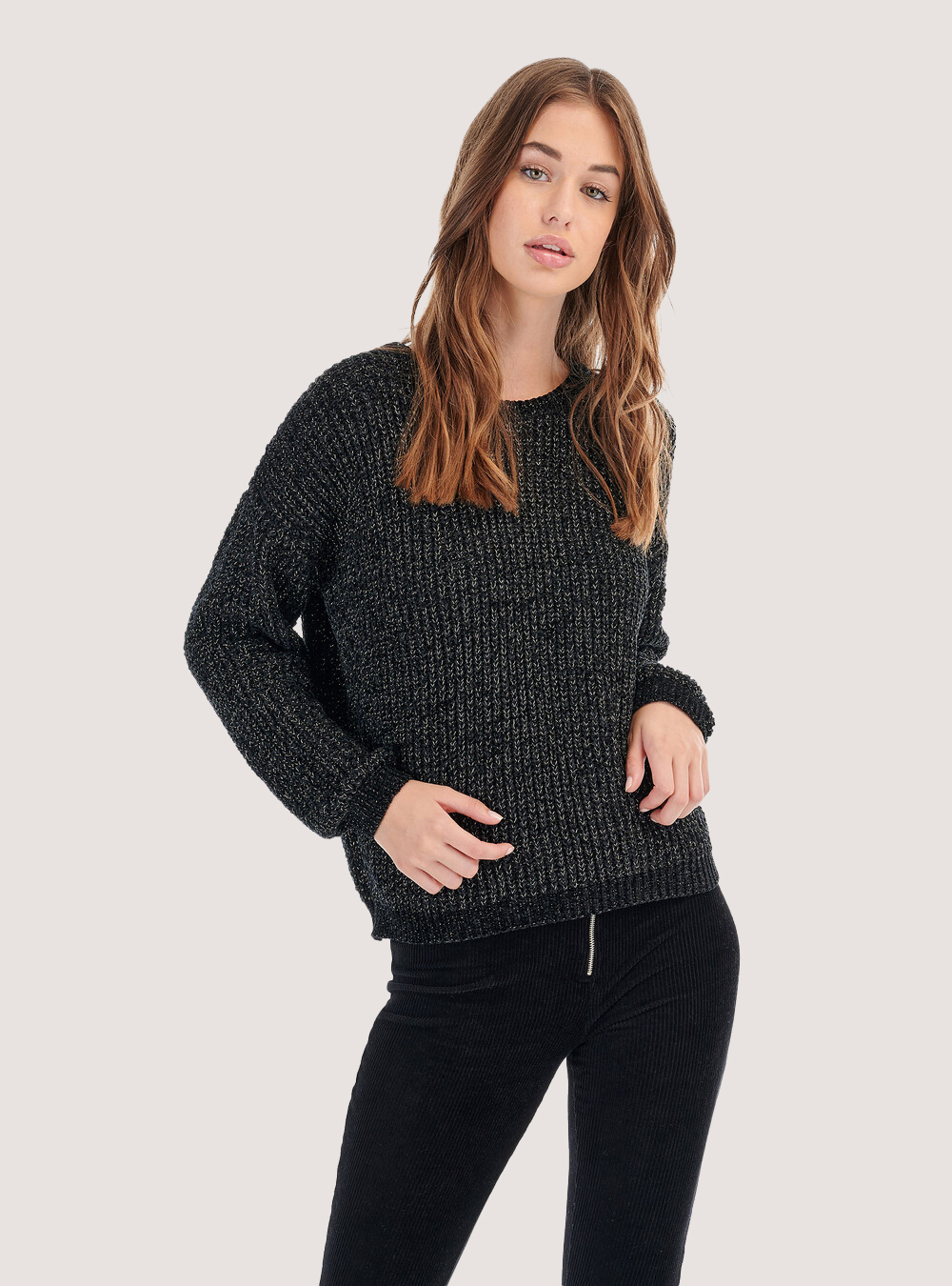 Pullover in ciniglia con filo lurex, NERO