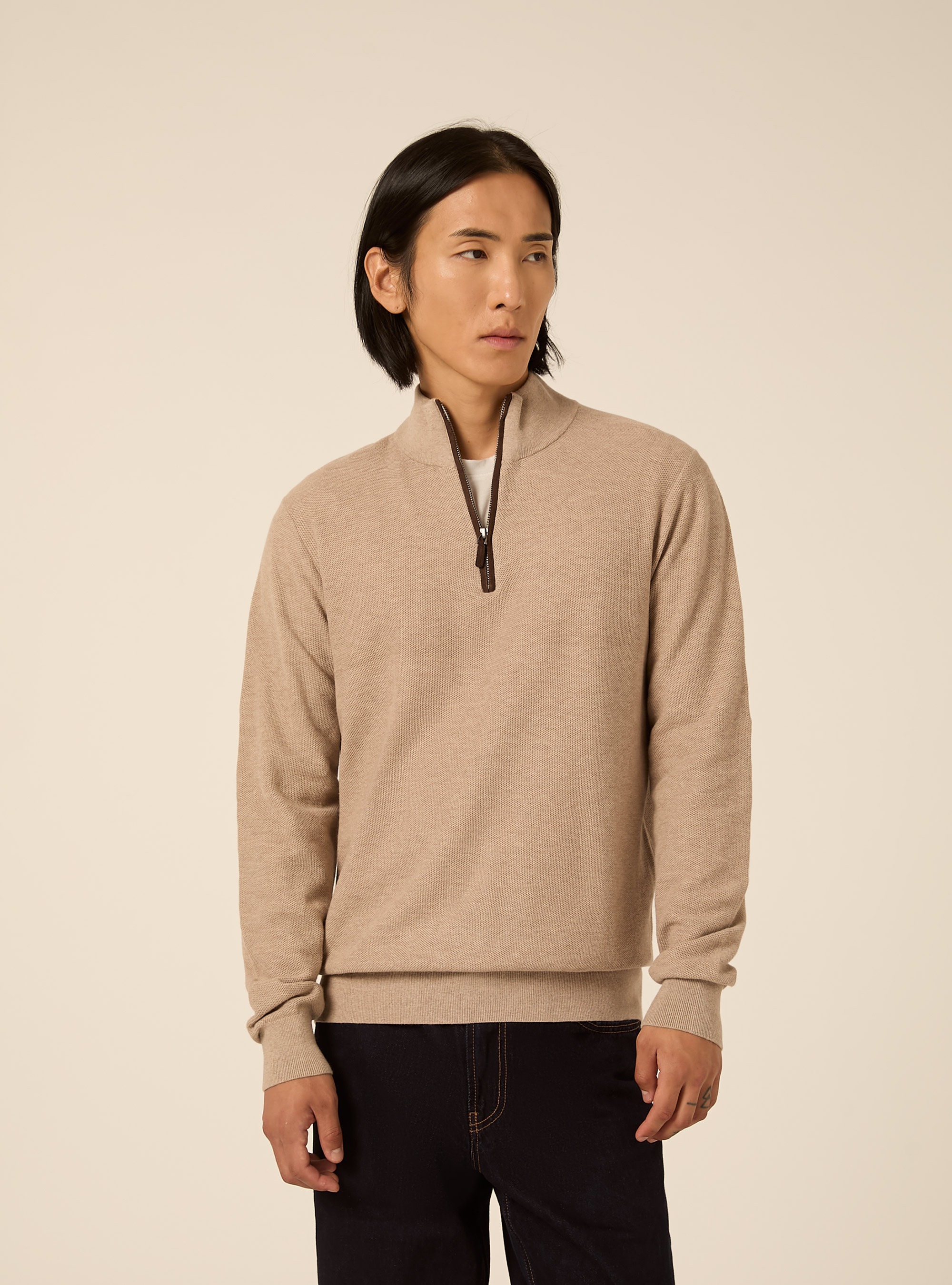 Pullover a mezza zip in misto cashmere, BEIGE CHIARO MELANGE