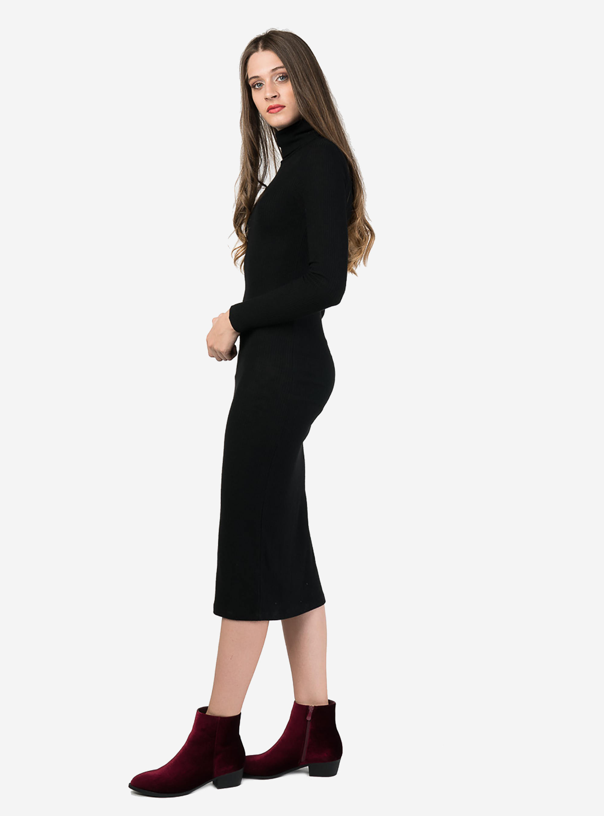 Robe longue &agrave; col montant, C101 BLACK