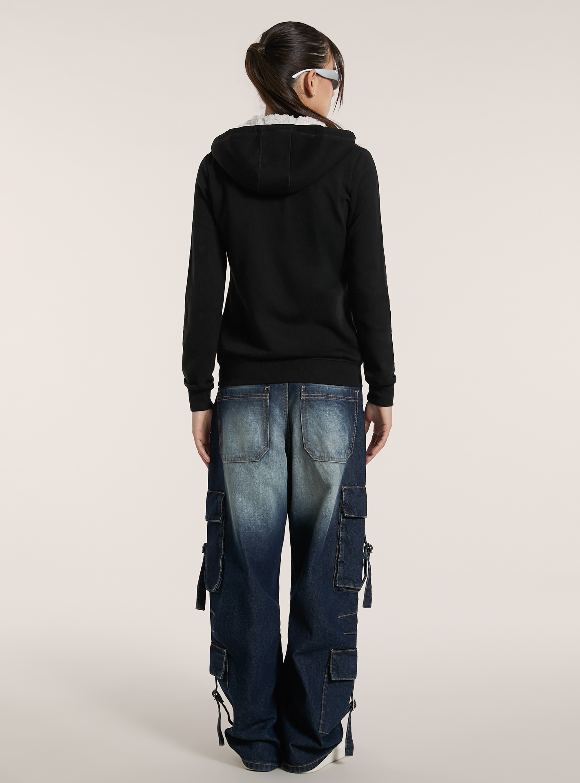 Sweatshirt with zip and faux fur hood, BLACK