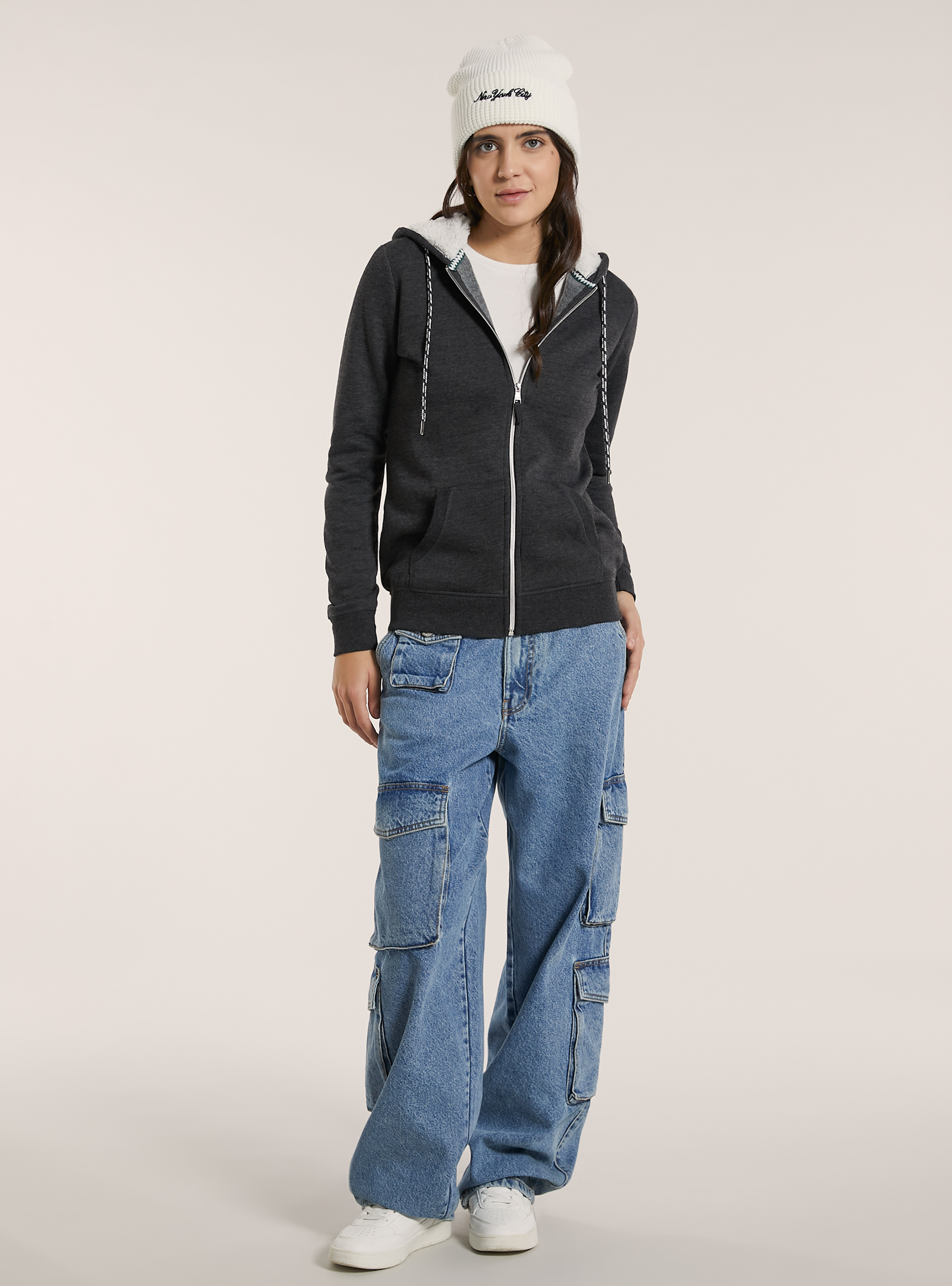 Felpa con zip e cappuccio in ecopelliccia, GRIGIO MELANGE