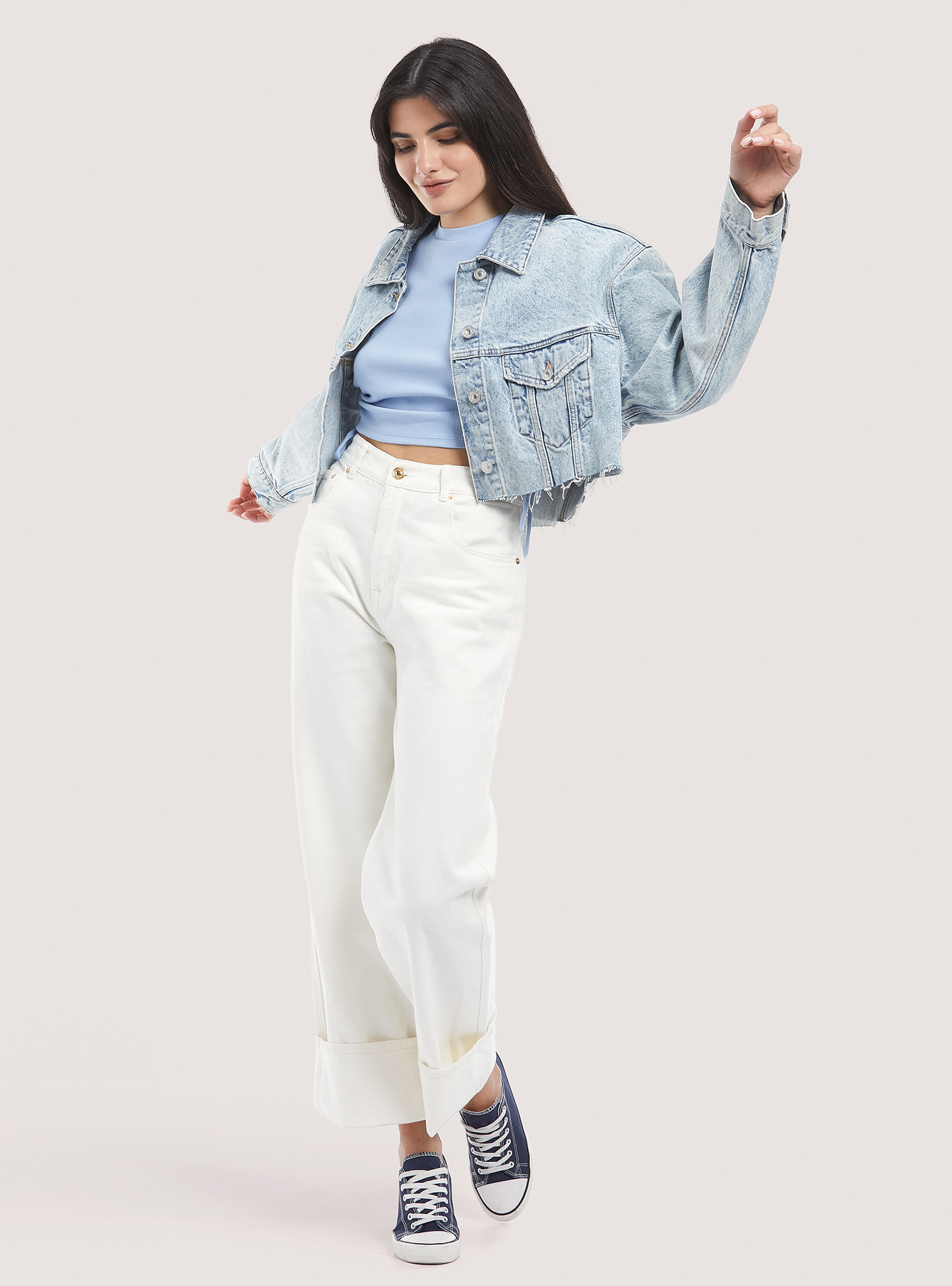 Raw cut denim cropped jacket, AZURE