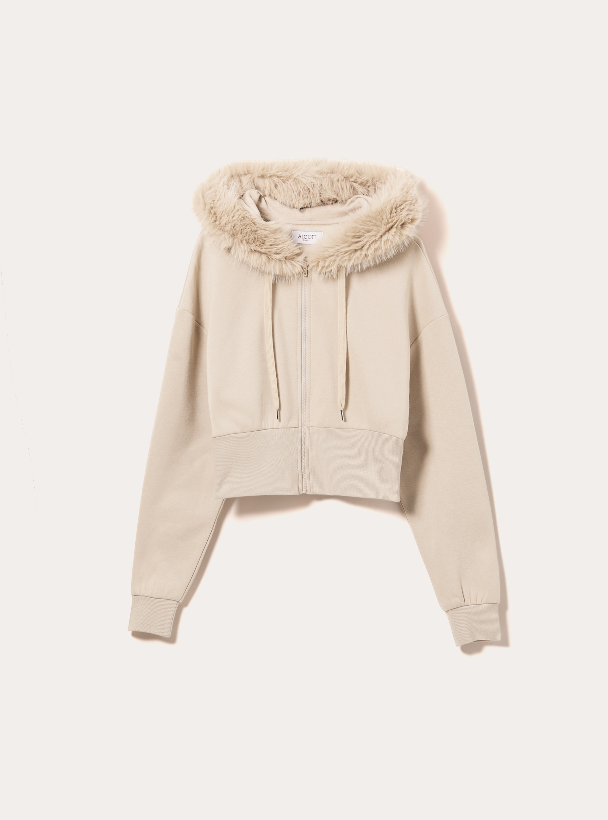 Cropped hoodie with fur trim, BG2 BEIGE MEDIUM