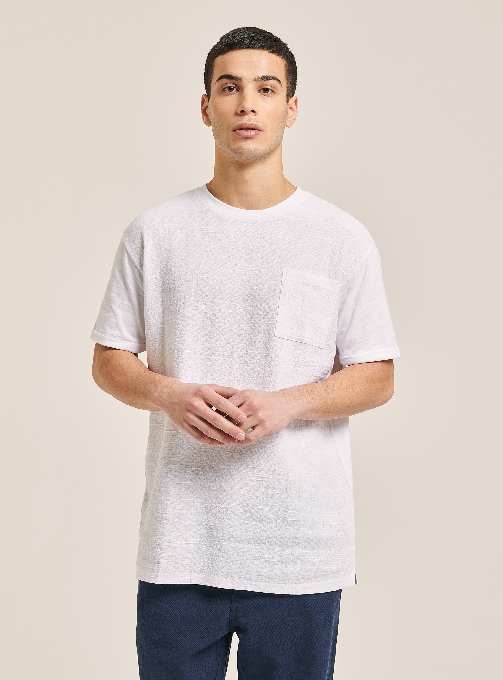 Maglietta in misto lino con taschino, BIANCO