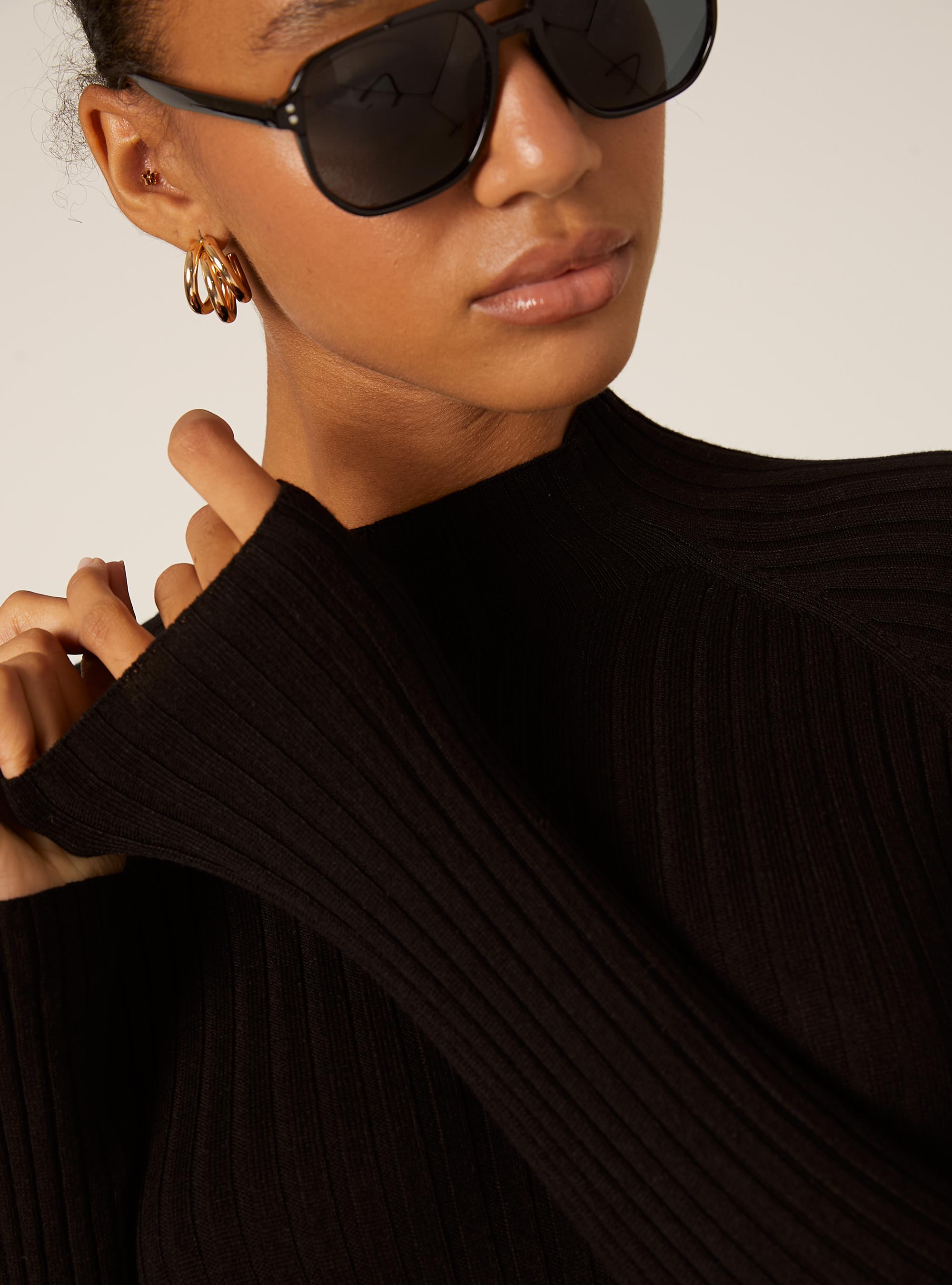 Mid-neck ribbed pullover, BK1 BLACK