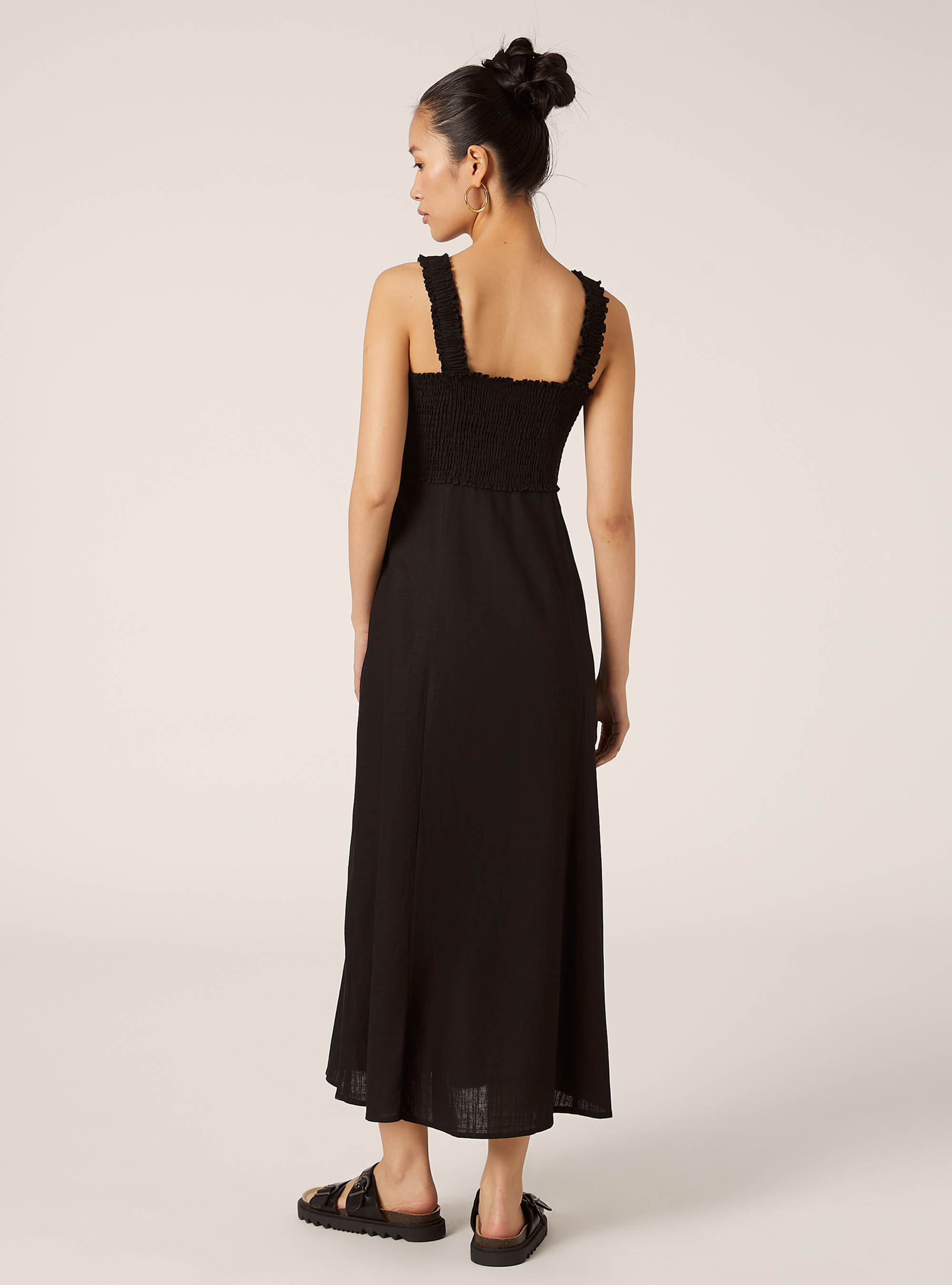 Vestido midi en mezcla de lino, BK1 BLACK