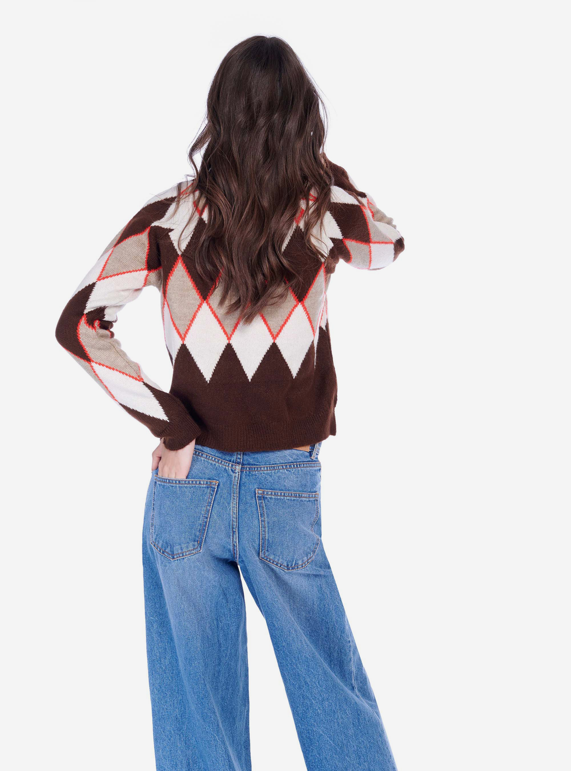 Pull ras du cou à motif losanges, C5538 DARK BROWN