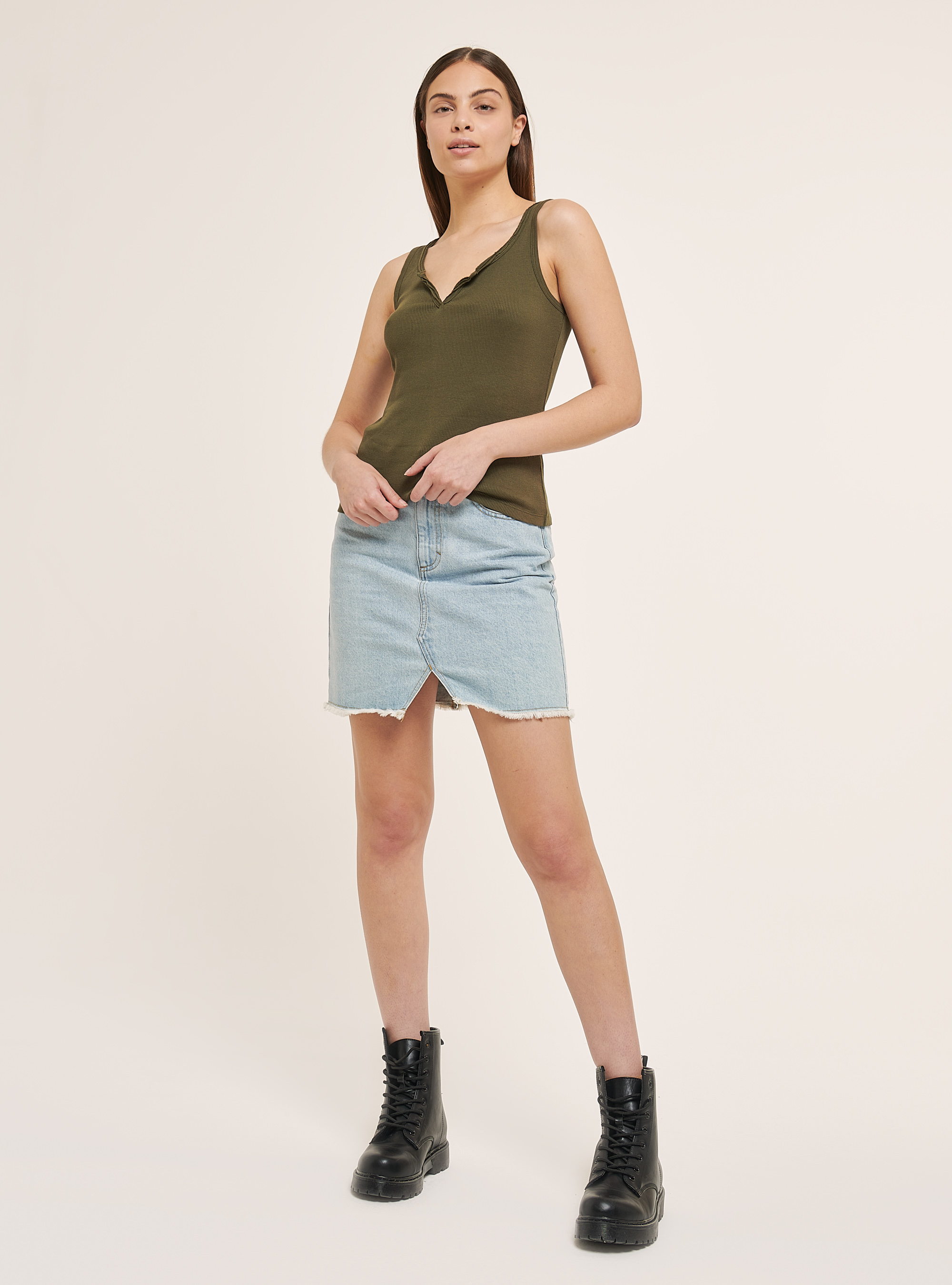 Ribbed cotton tank top with V-neckline, KAKI