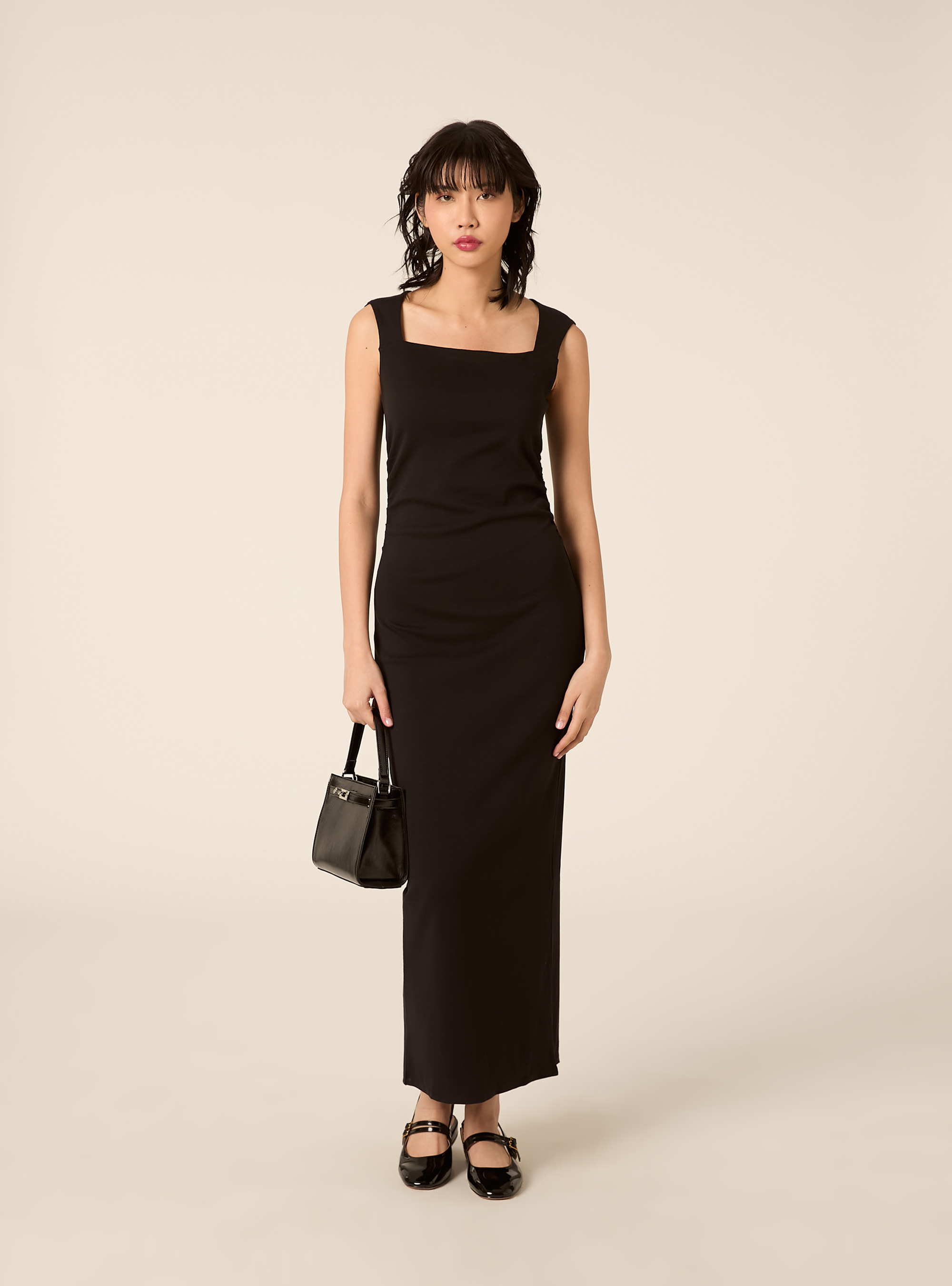 Vestito midi scollo quadrato, BK1 BLACK