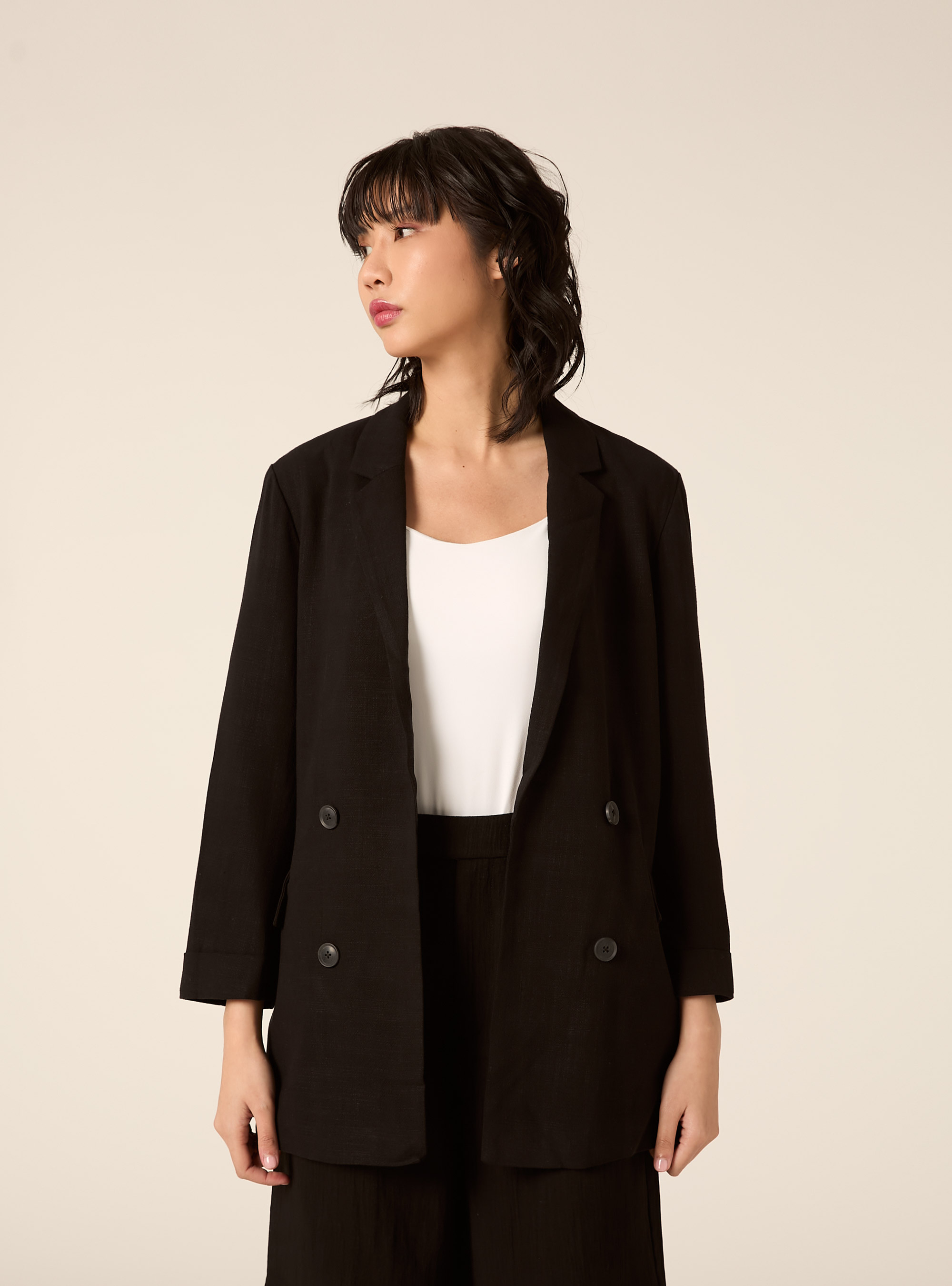 Blazer doppiopetto in misto lino, BK1 BLACK