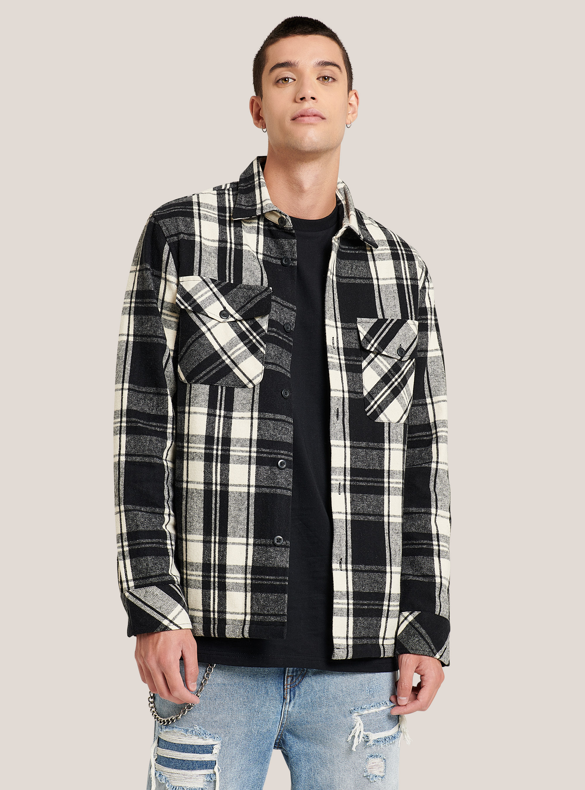 Oversized checked shirt jacket, BLACK