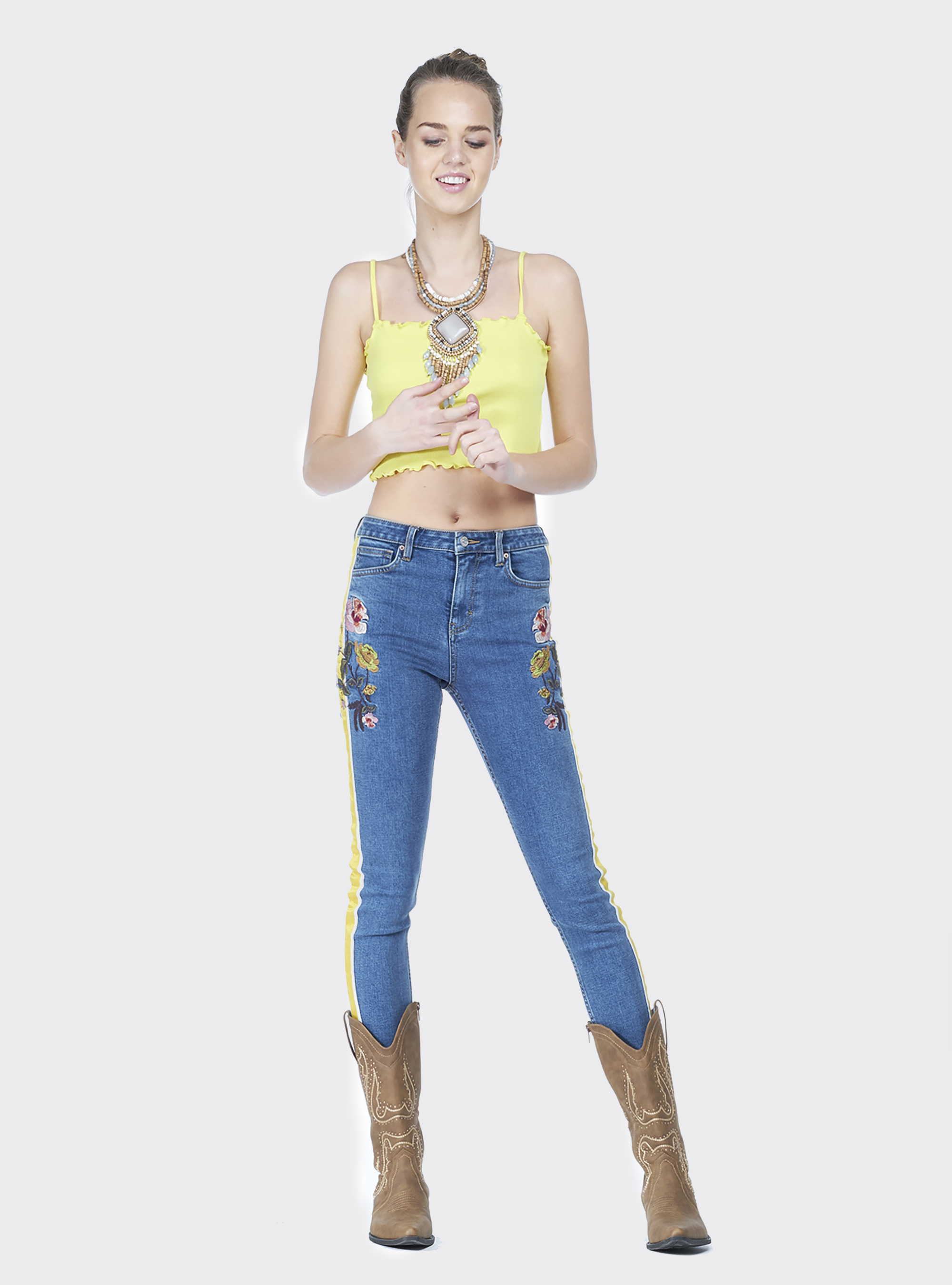 Jeans skinny fit con ricamo fiori a vita alta, AZZURRO