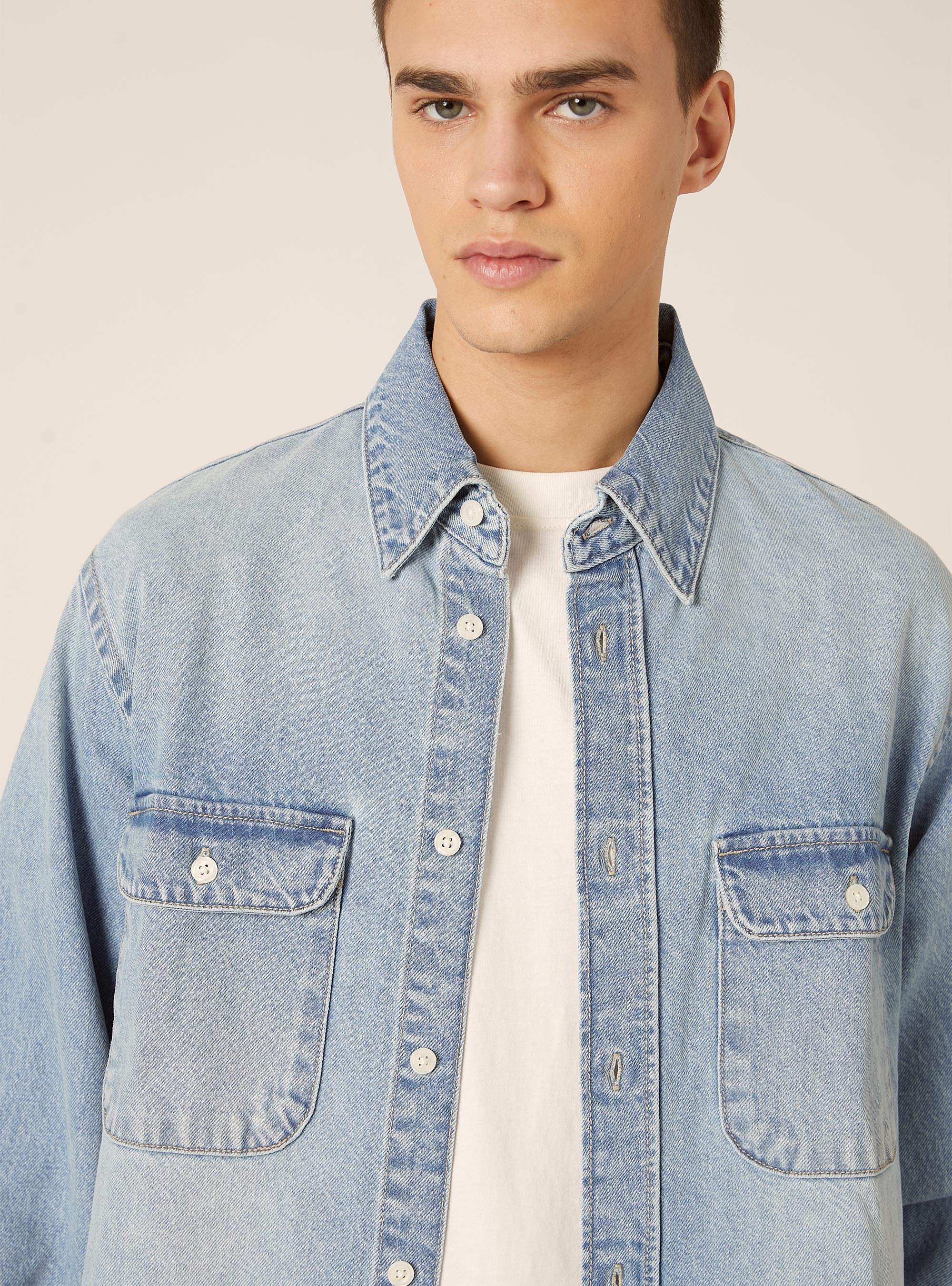 Camicia denim con tasche, D006 AZURE