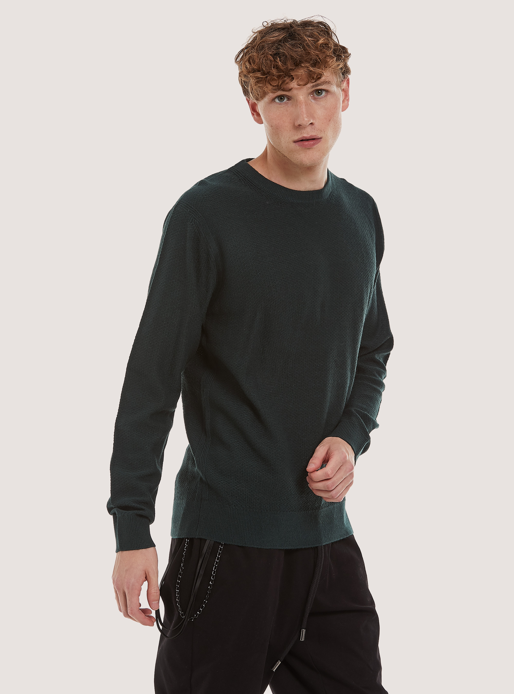 Crew-neck pullover with texture, GN1 GREEN DARK
