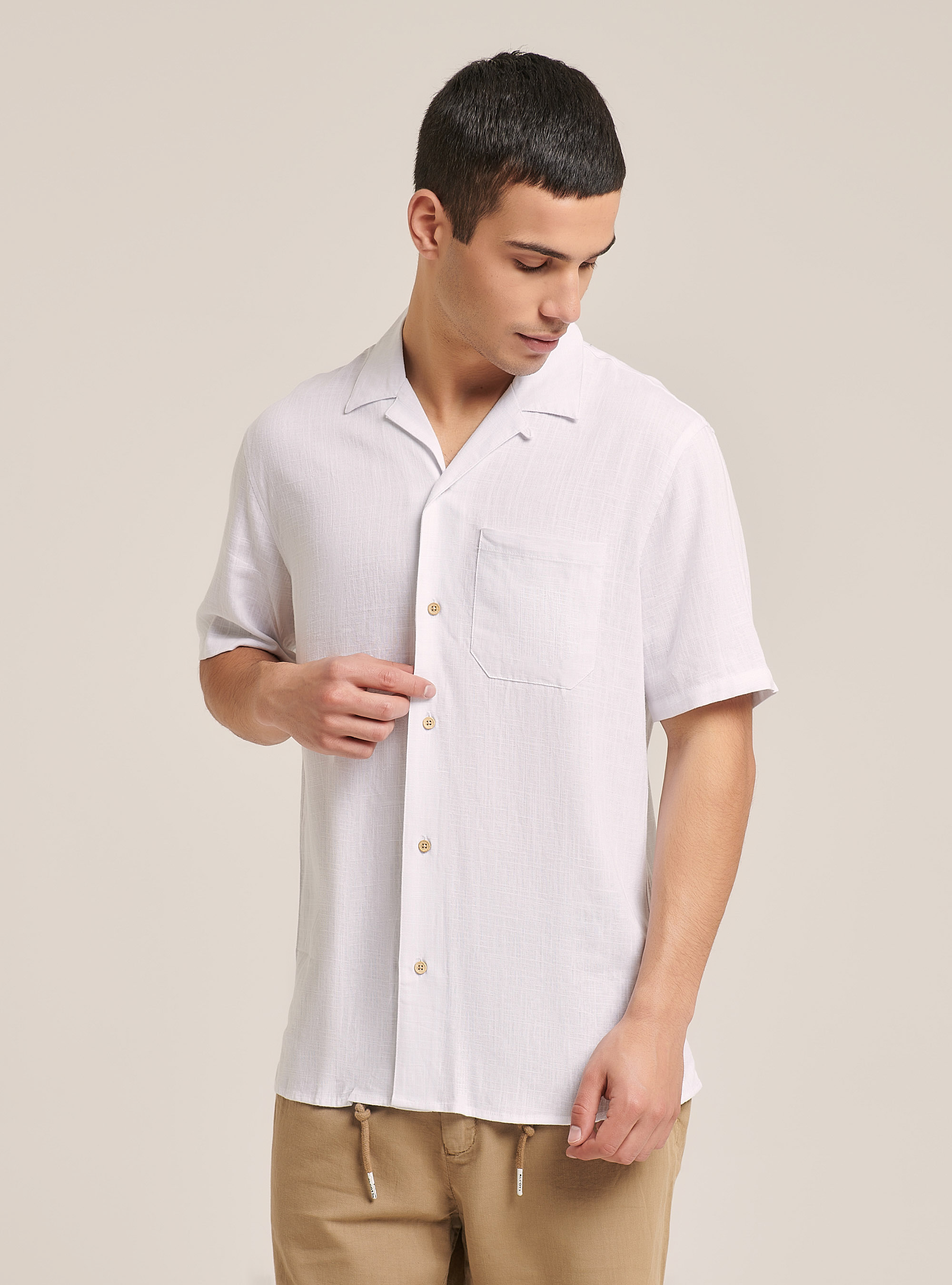 Linen blend shirt with bowling collar, WHITE