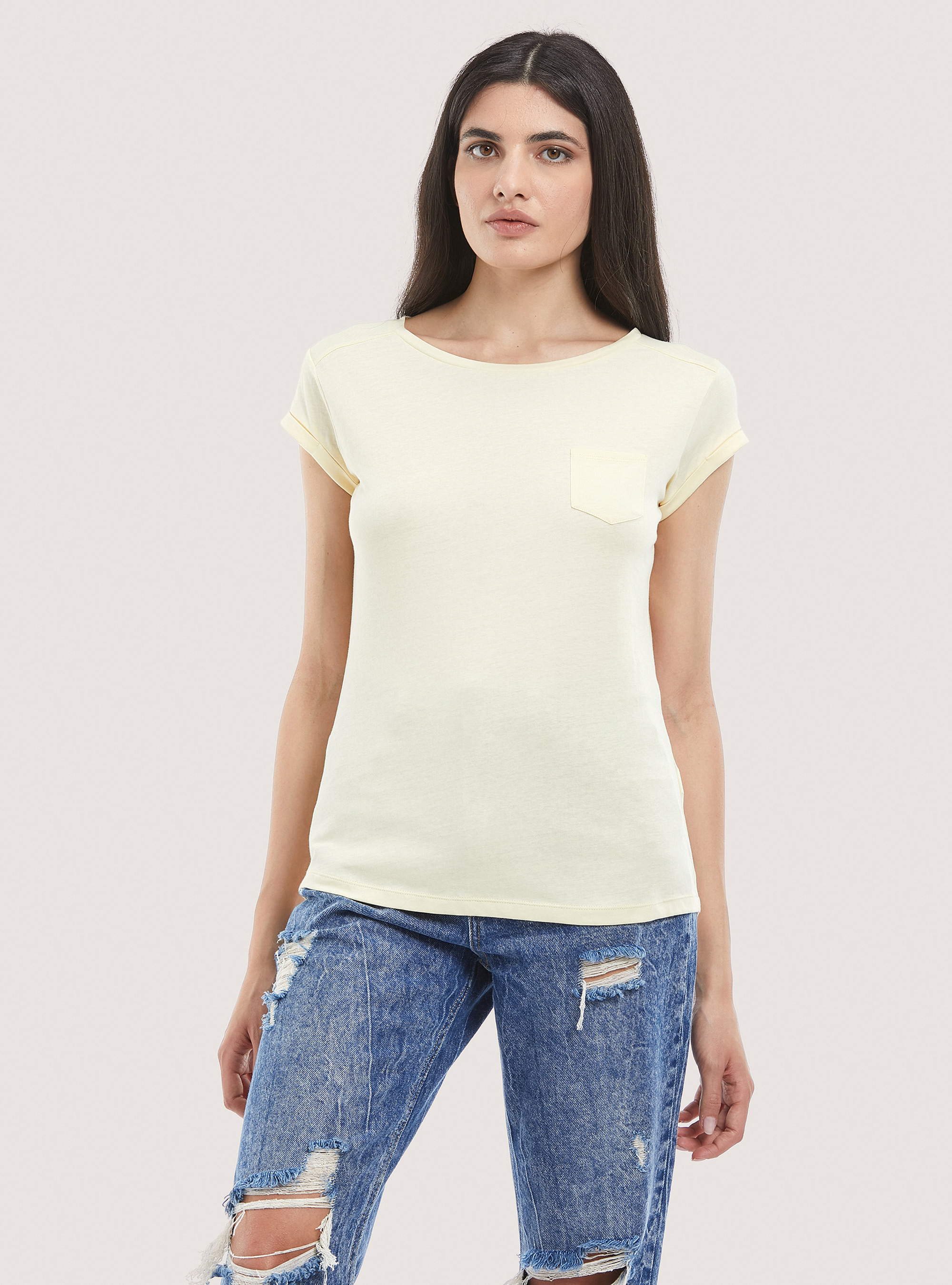 Camiseta b&aacute;sica de algod&oacute;n con bolsillo en el pecho, C7758 YELLOW
