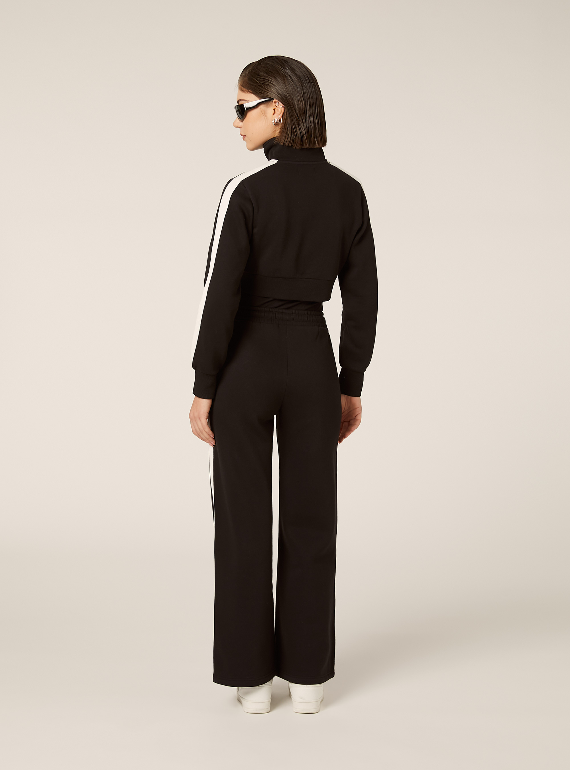 Felpa cropped zip con bande laterali, BK1 BLACK