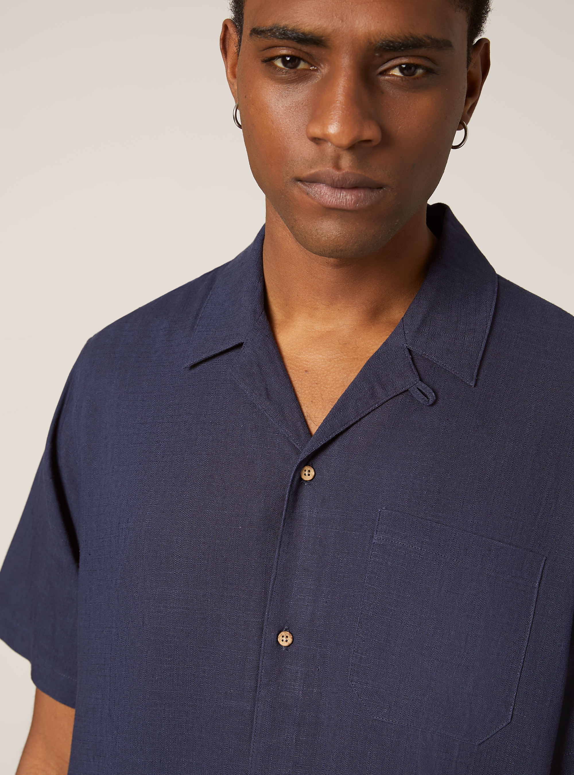 Chemise en lin mélangé avec col bowling, BL2 BLUE MEDIUM