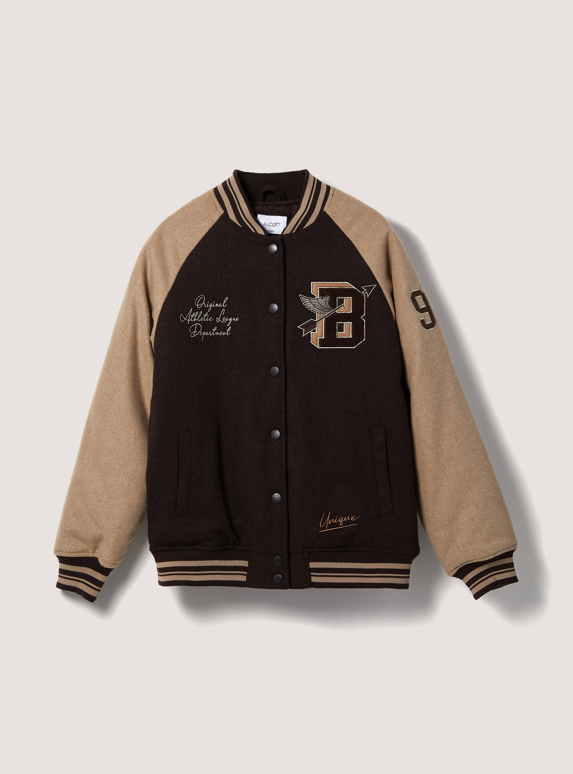 College bomber jacket with recycled padding, BR1 BROWN DARK